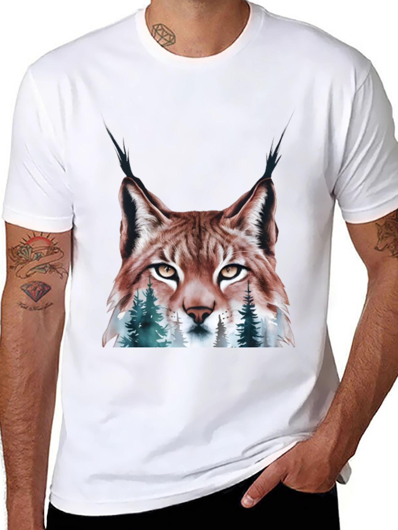 Black Lynx & Forest Graphic Print T-Shirt - Nature Inspired Tee view 8