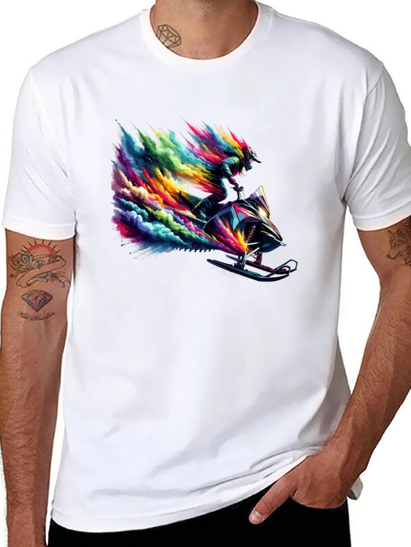 Black Colorful Snowmobile Rider Graphic Tee - Cool Design view 8
