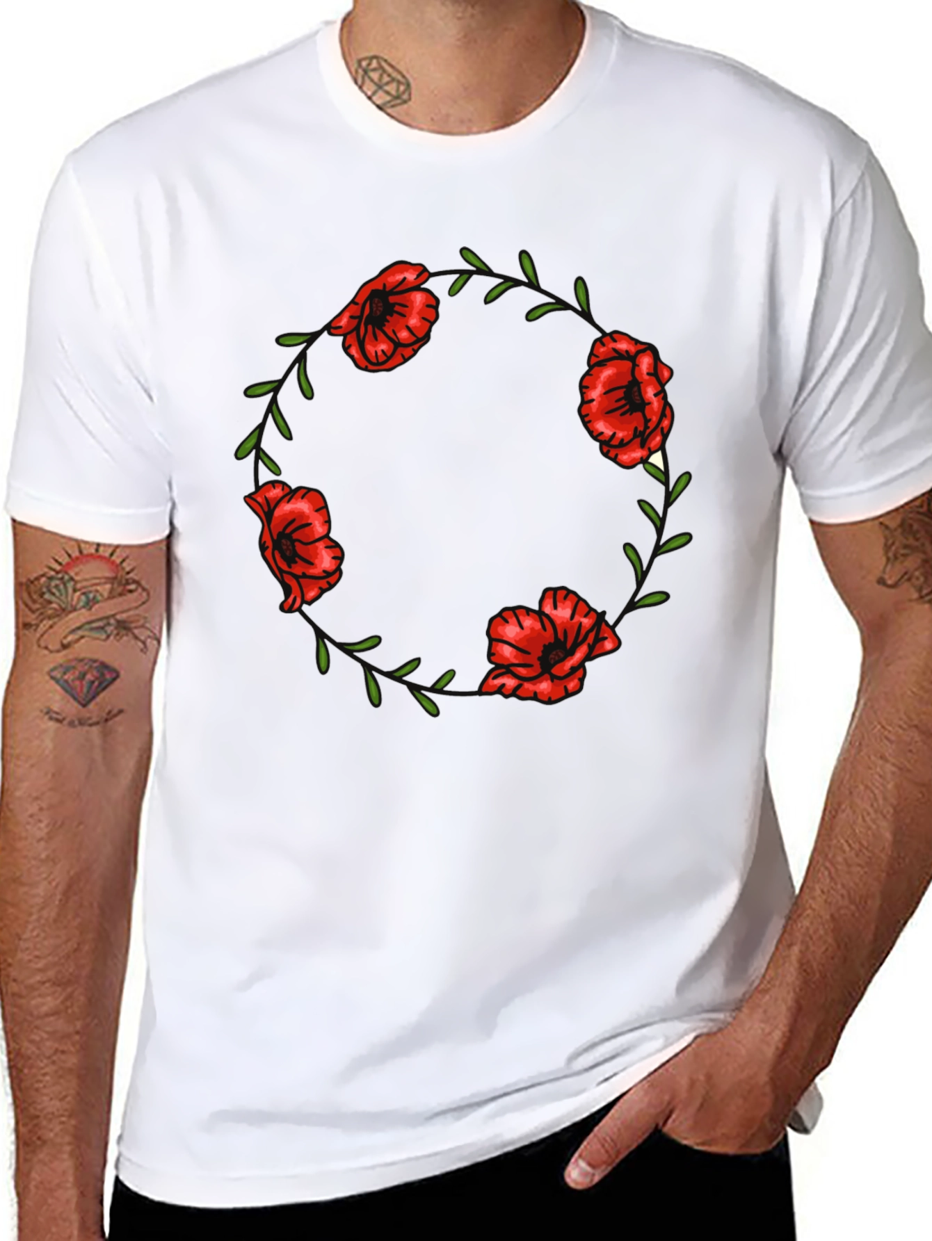 Black Floral Poppy Wreath Graphic Tee - Black Cotton T-Shirt view 8
