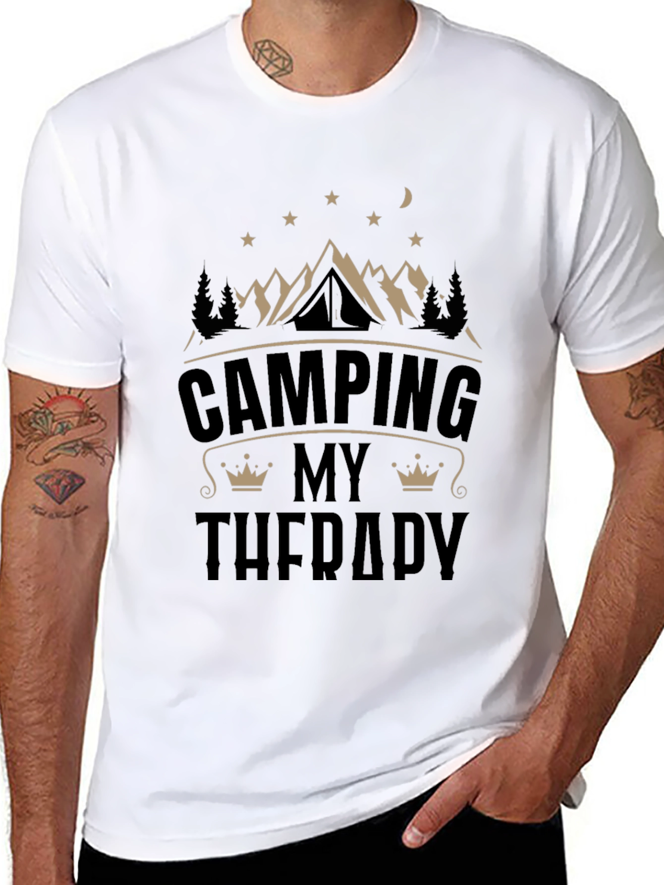 Black Camping My Therapy T-Shirt Black Cotton Crew Neck view 8