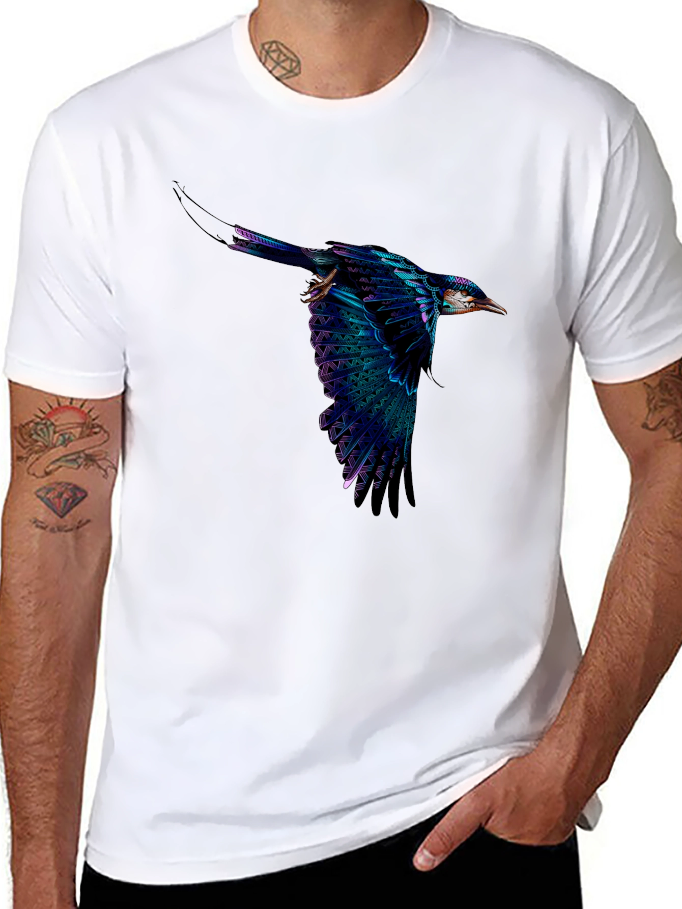 Black Vivid Flying Bird Graphic Black T-Shirt view 8