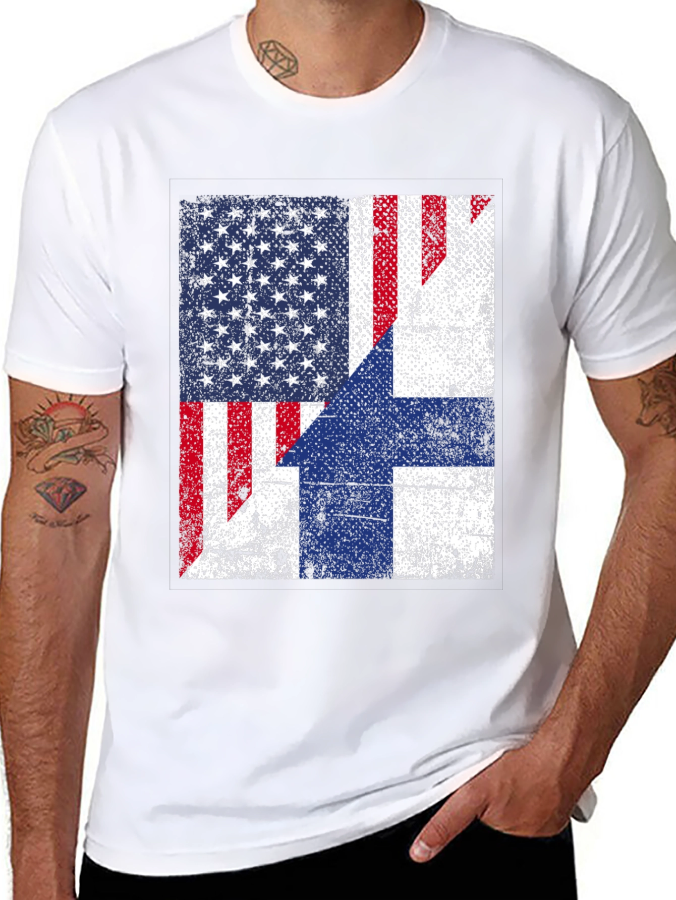 Black USA Finland Flag Graphic Print T-Shirt view 8