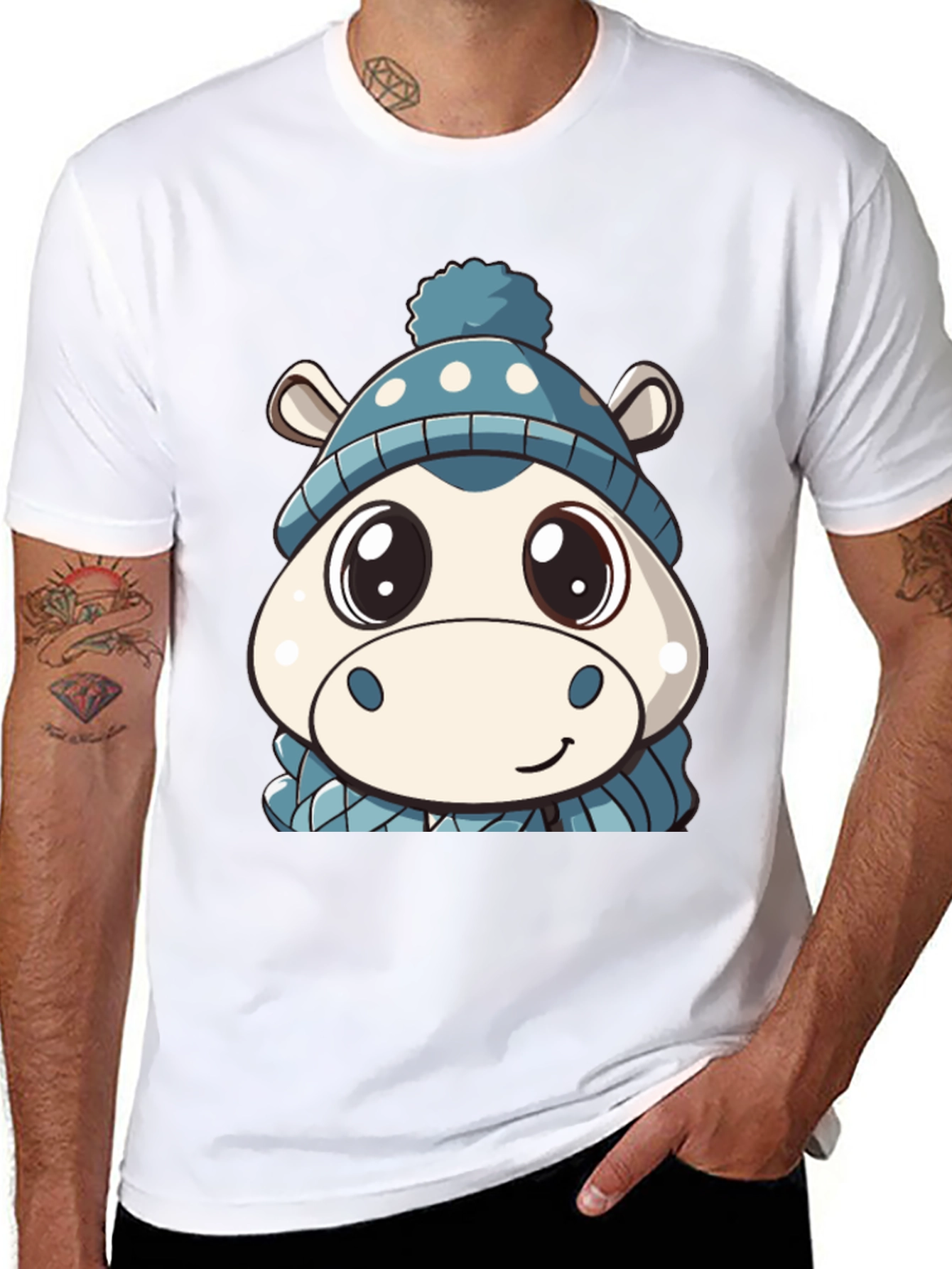 Black Cute Hippo in Hat Graphic Black T-Shirt view 8