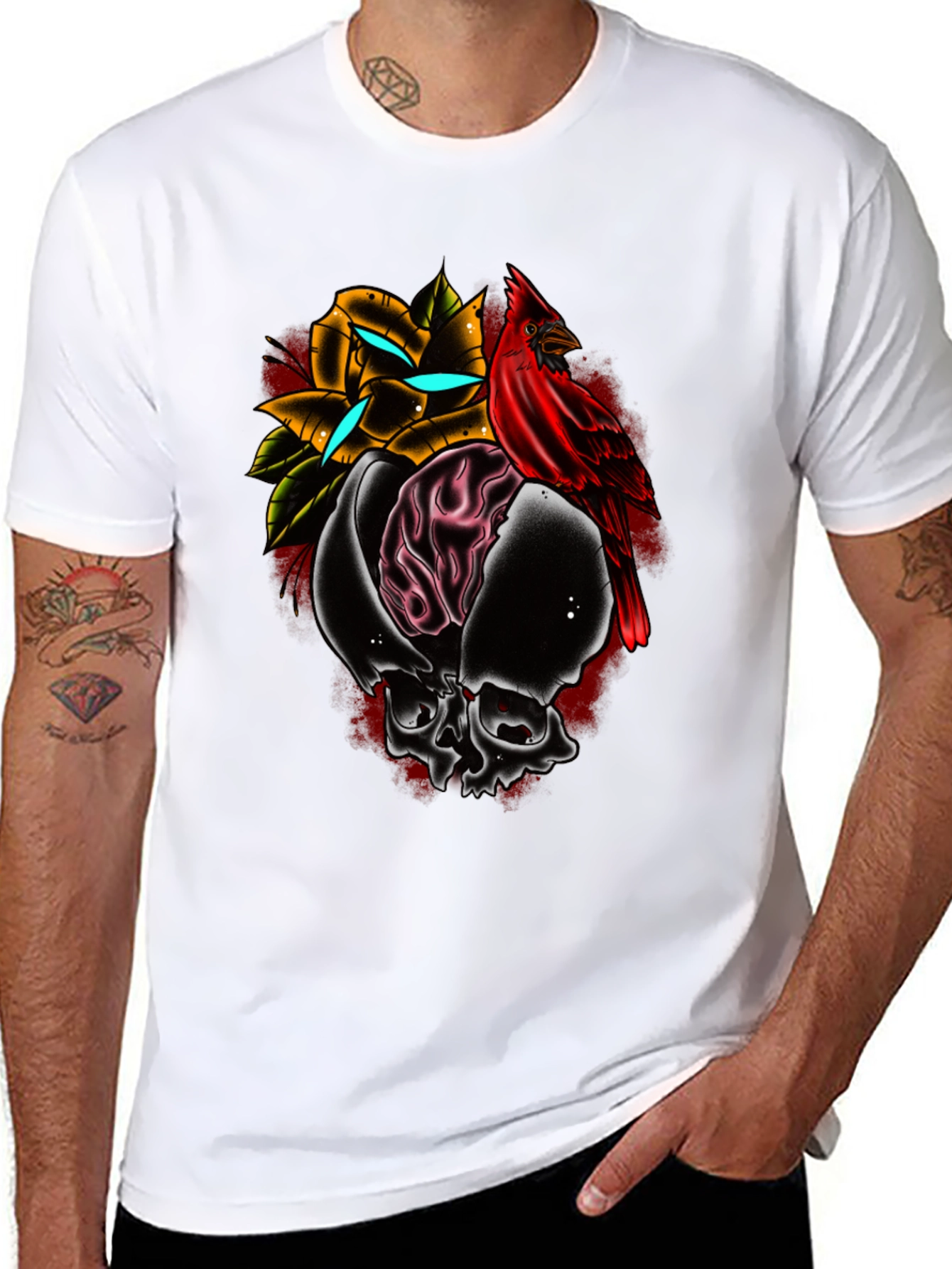 Black Skull Rose Cardinal Graphic Tee - Edgy Menswear view 8