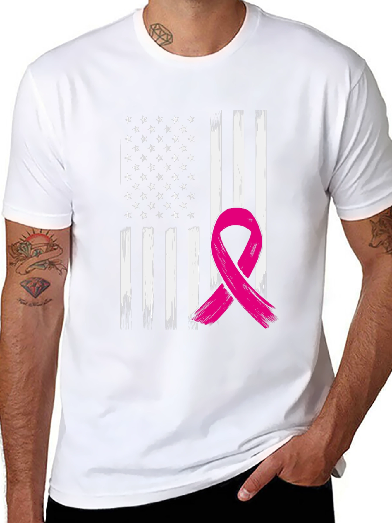 Black American Flag Breast Cancer Awareness T-Shirt view 8