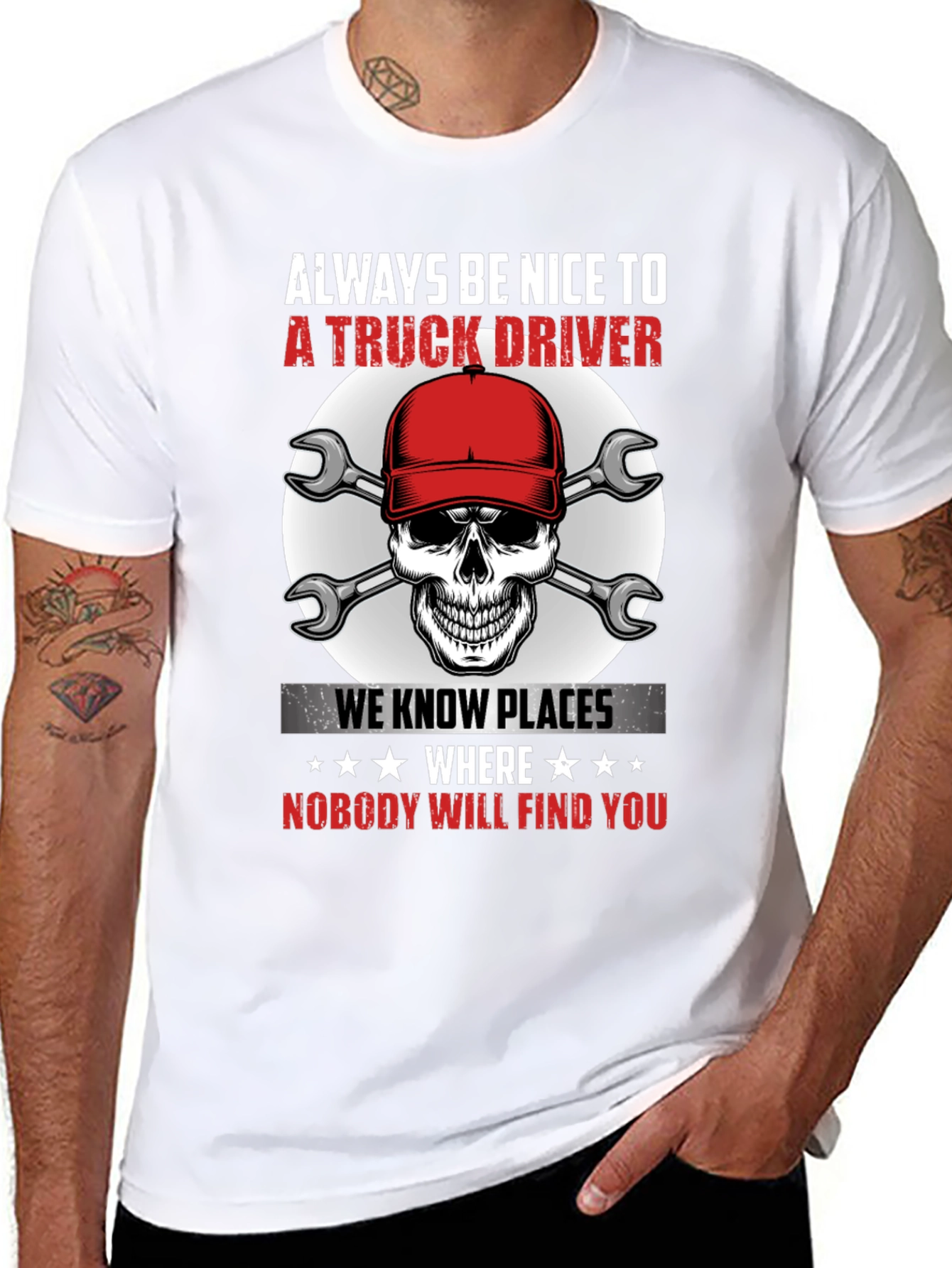 Black Truck Driver T-Shirt: Always Be Nice Funny Skull Tee view 8