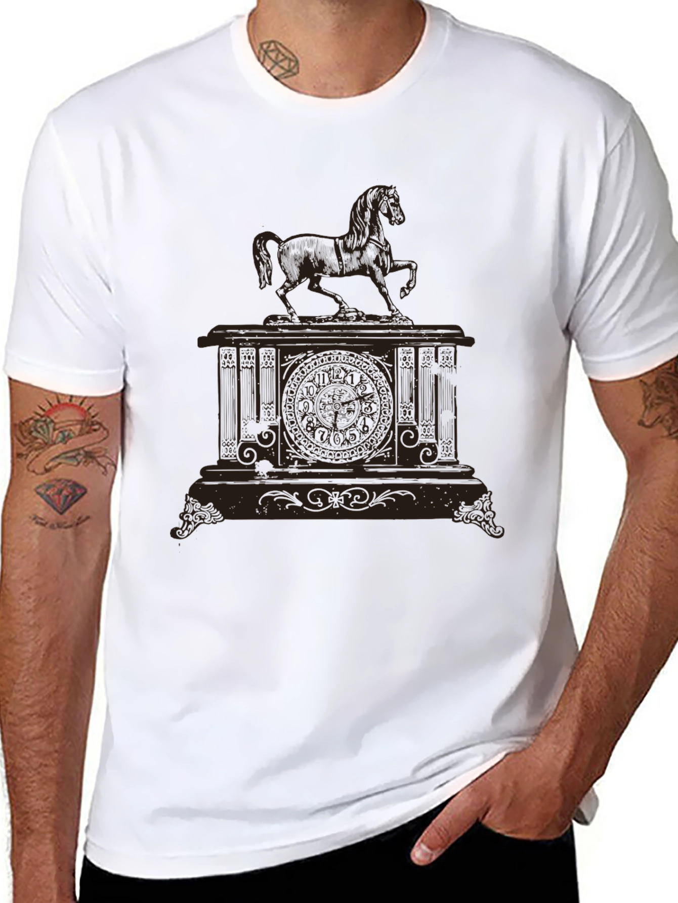 Black Men's Black Horse Clock Graphic Tee view 8