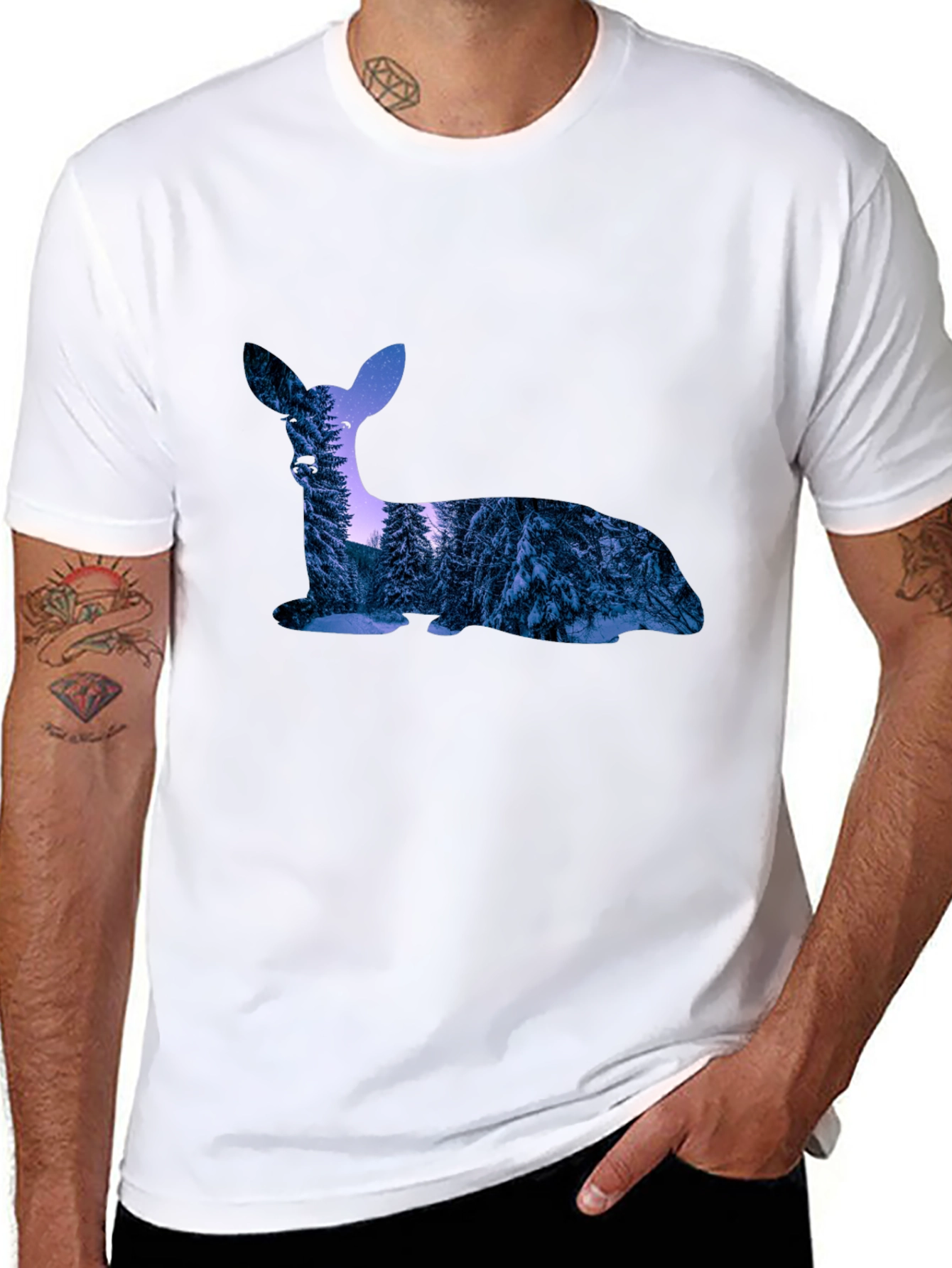 Black Deer Silhouette Winter Forest Graphic T-Shirt view 8