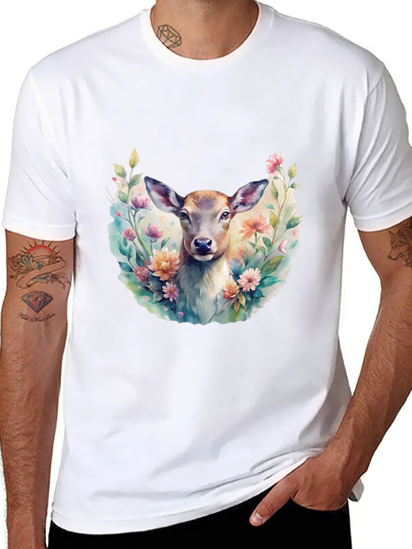 Black Floral Deer Graphic Tee - Stylish Men's Black T-Shirt view 8