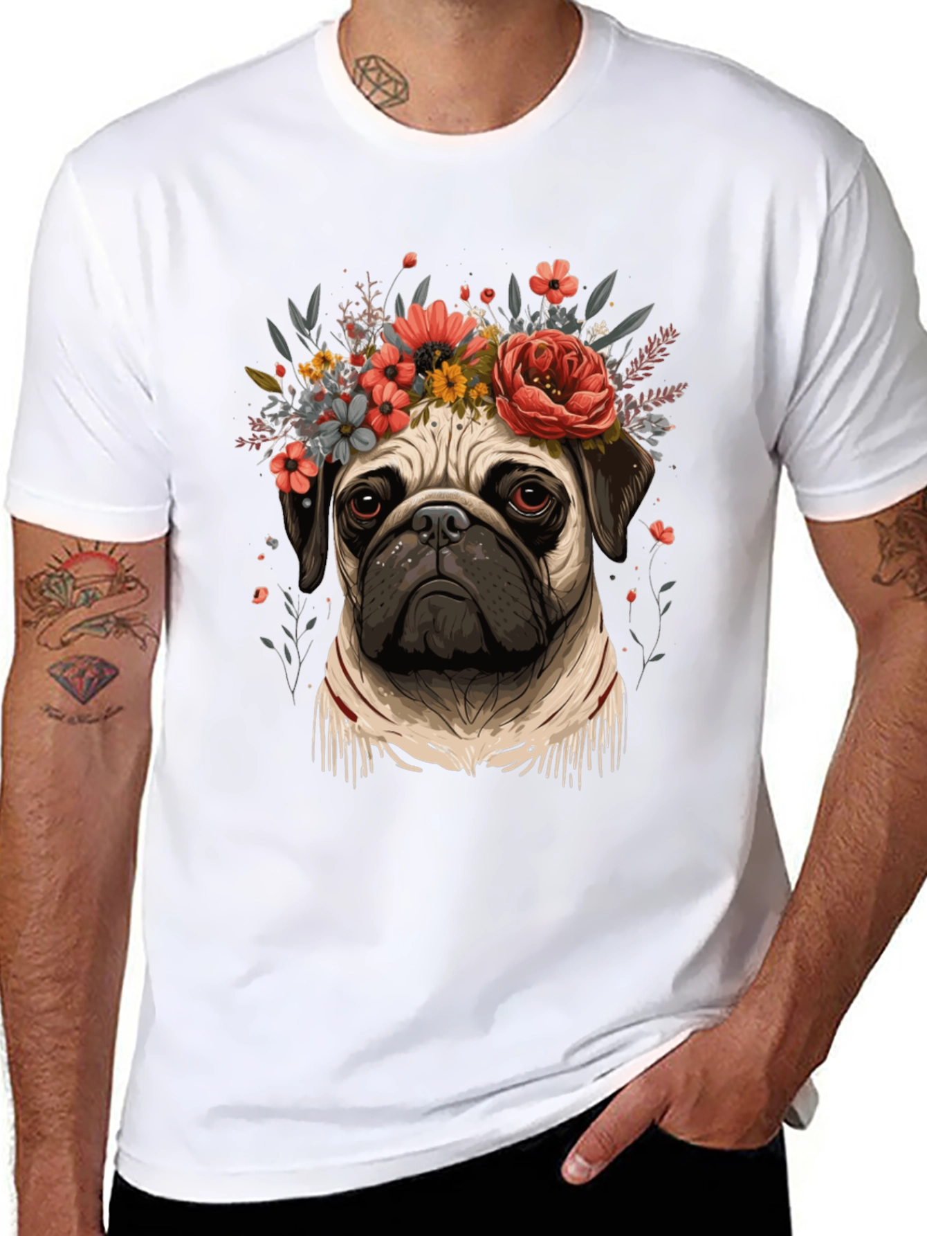 Black Floral Pug Graphic Tee - Black Cotton Blend view 8