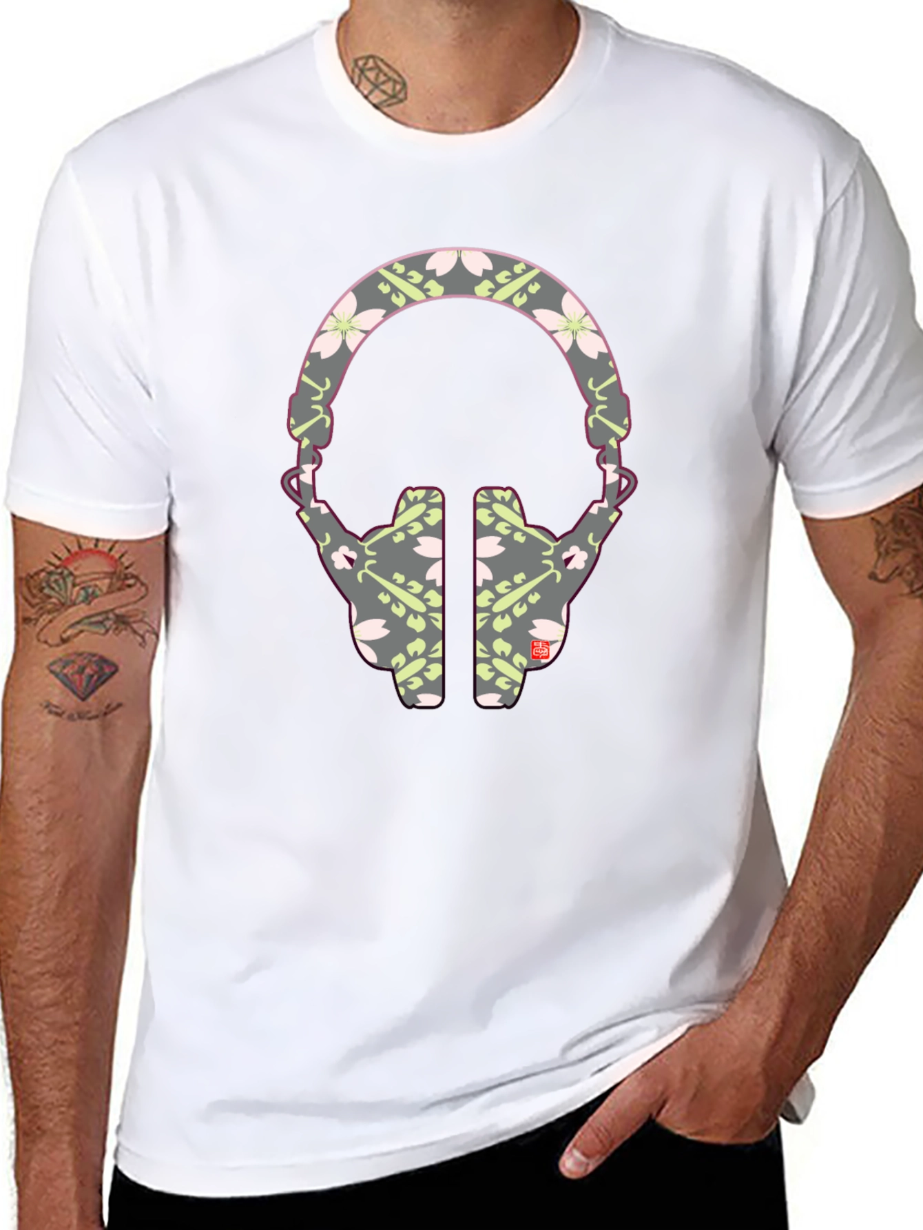Black Stylish Headphone Pattern T-Shirt - Unique Graphic Tee view 8