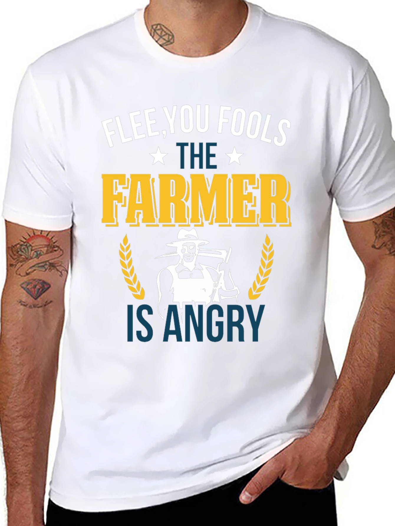 Black Flee You Fools Angry Farmer T-Shirt view 8