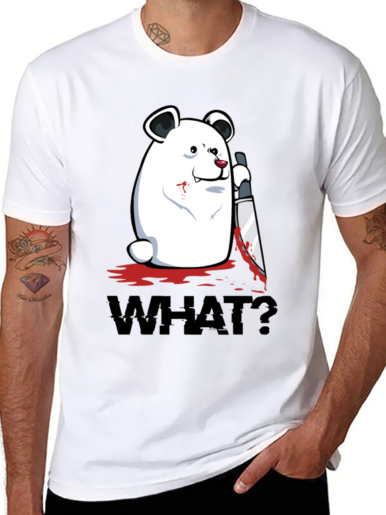 Black Creepy Polar Bear "WHAT?" Graphic T-Shirt view 8