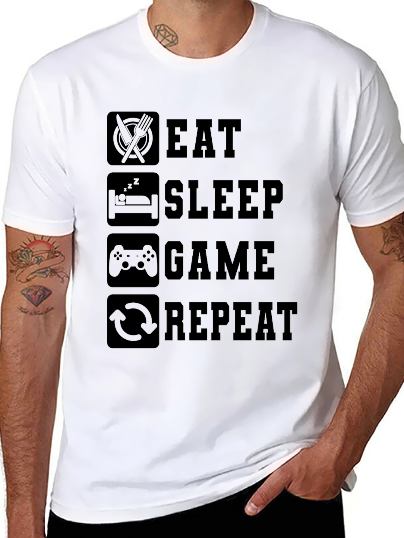 Black Eat Sleep Game Repeat Black Graphic Tee view 8