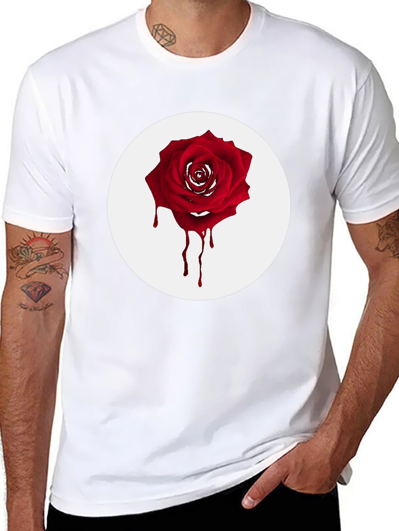 Black Men's Black T-Shirt with Bleeding Rose Graphic view 8