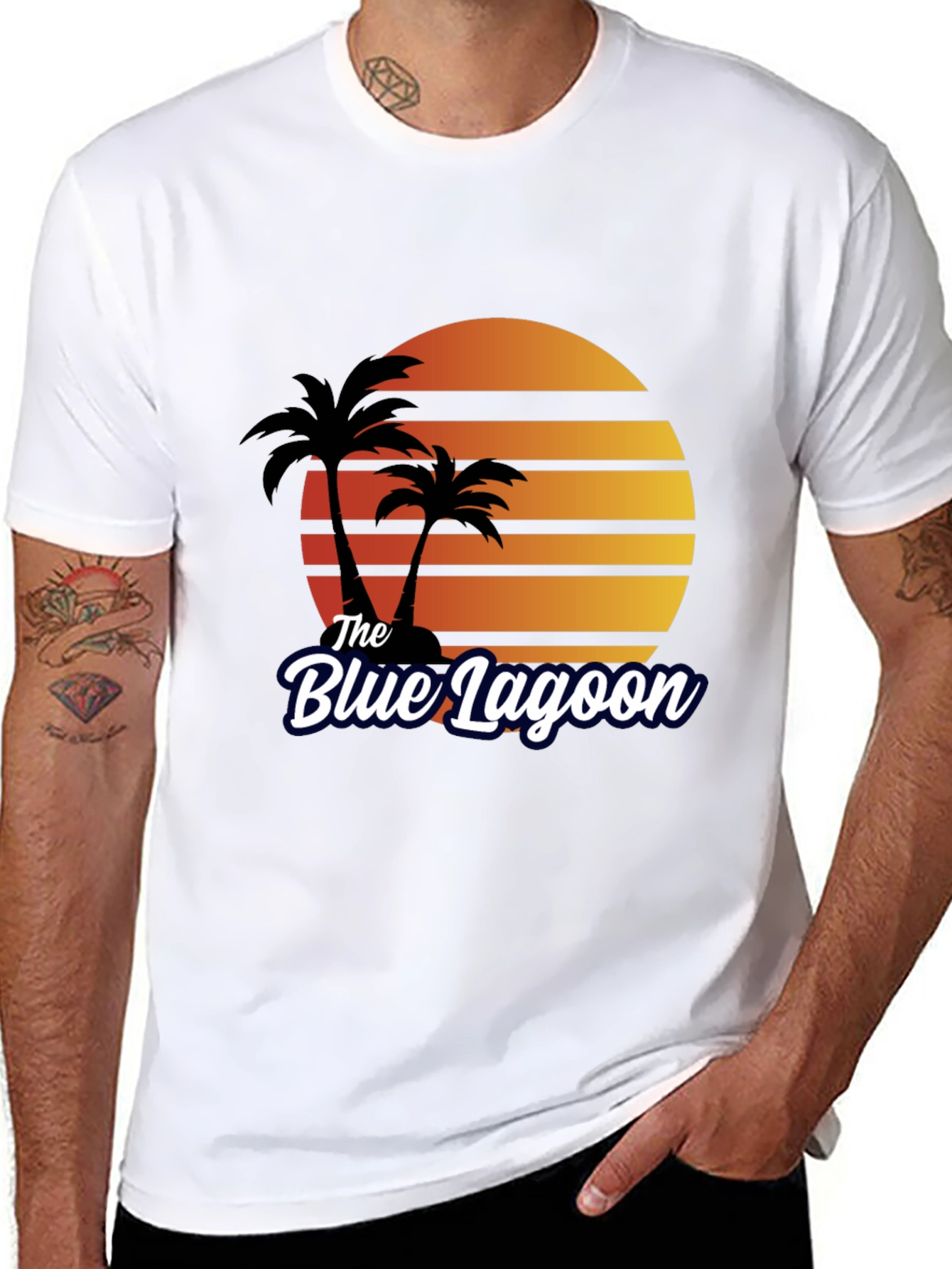 Black The Blue Lagoon Retro T-Shirt - Palm Tree Sunset Tee view 8