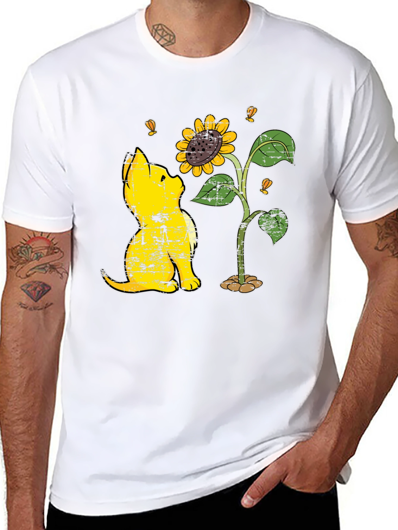 Black Cat & Sunflower Graphic T-Shirt - Casual Black Tee view 8