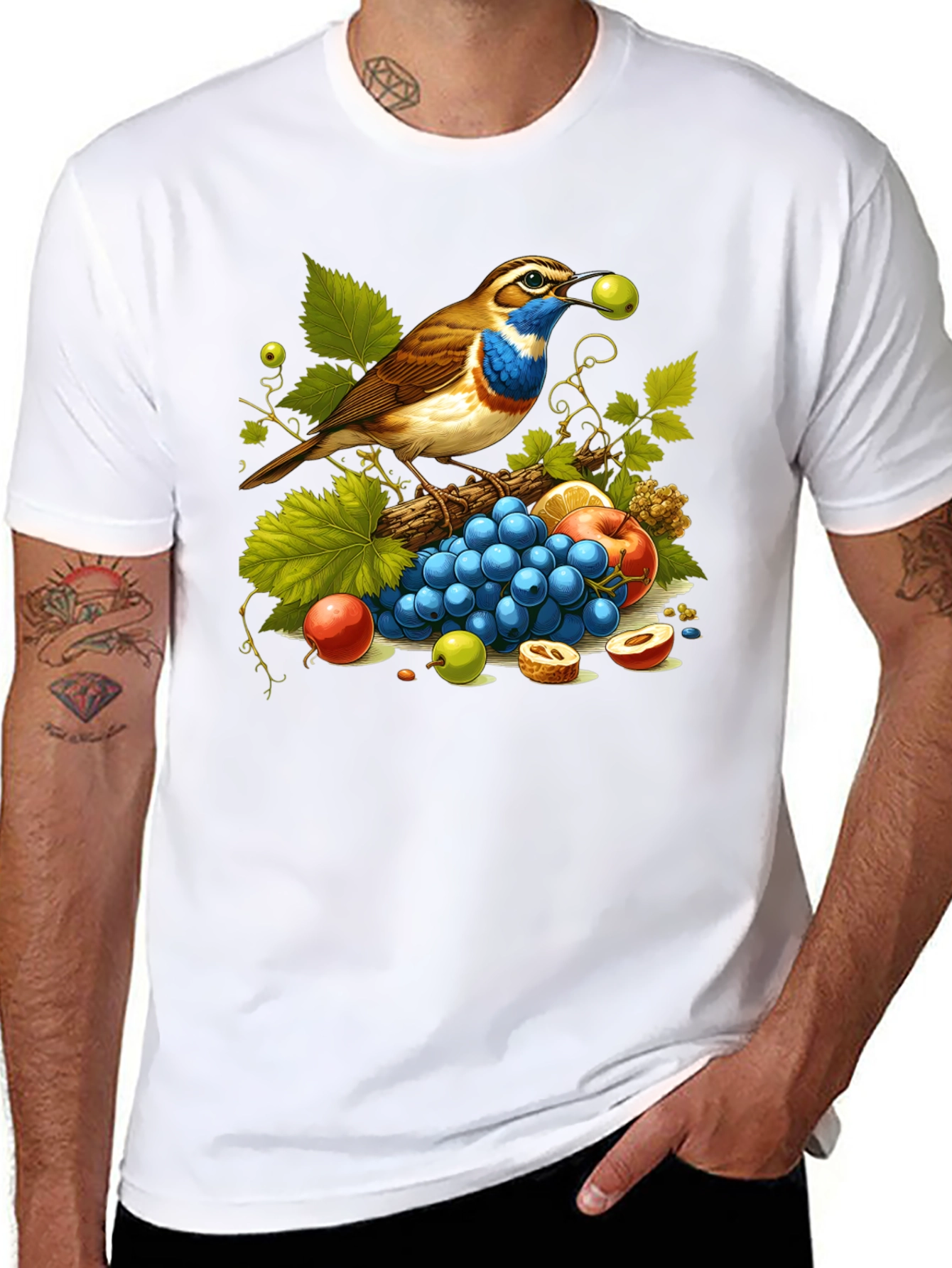 Black Bird and Fruit Graphic T-Shirt - Unisex Black Tee view 8