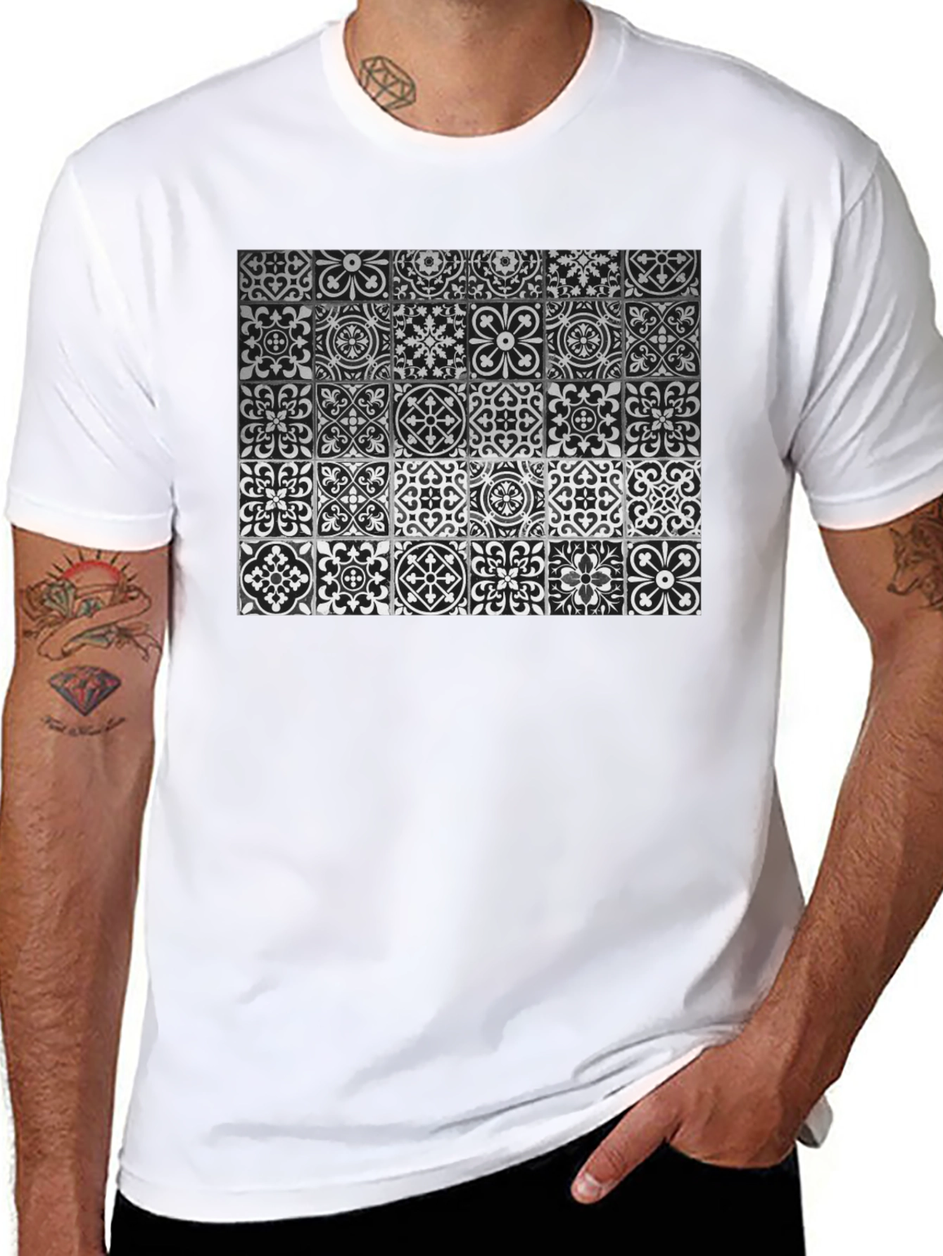 Black Patterned Tile Print Black T-Shirt view 8