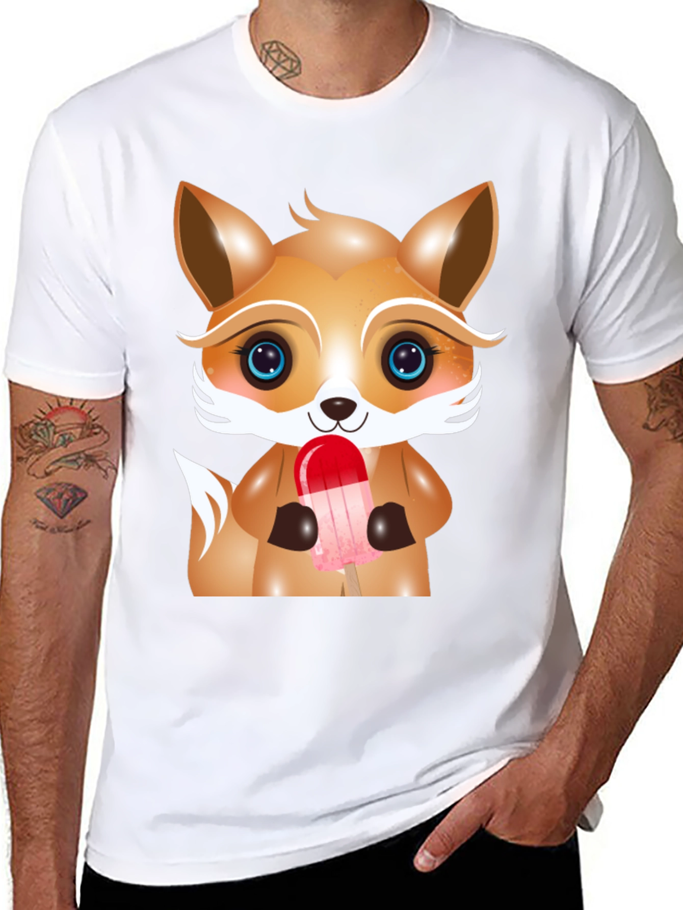Black Cute Cartoon Fox Ice Cream Graphic Tee view 8