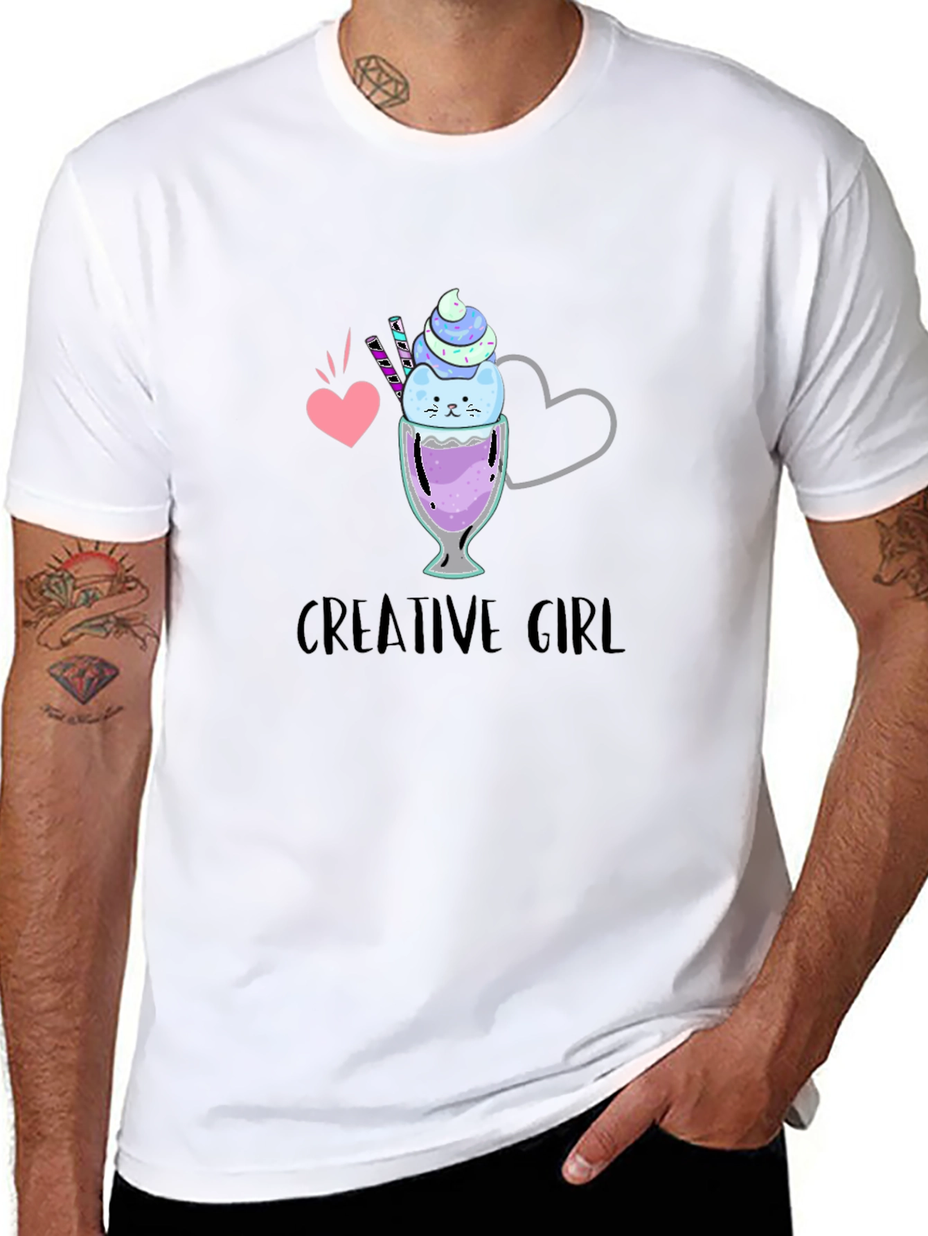 Black Creative Girl Ice Cream Cat Graphic Black T-Shirt view 8