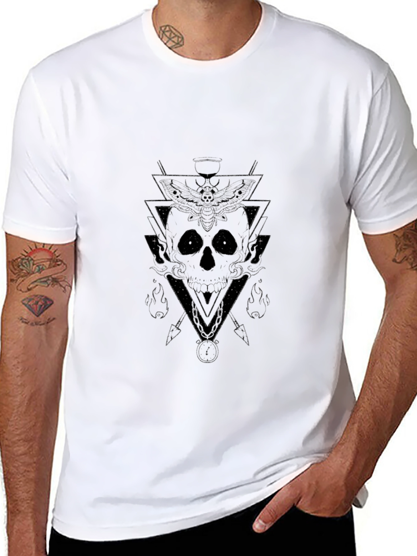 Black Geometric Skull Graphic Tee - Black Cotton Shirt view 8