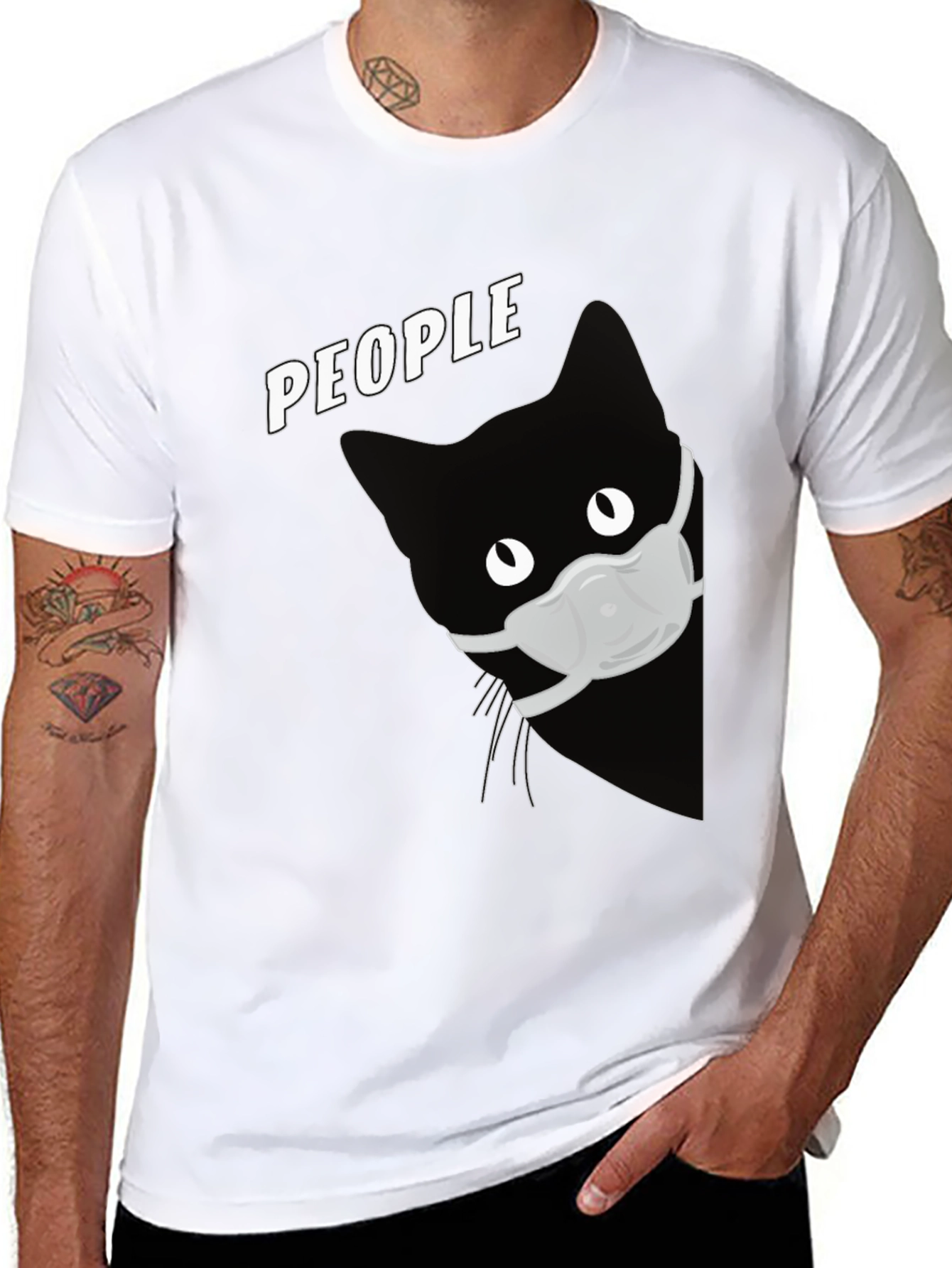 Black Cat with Mask Graphic T-Shirt - People view 8