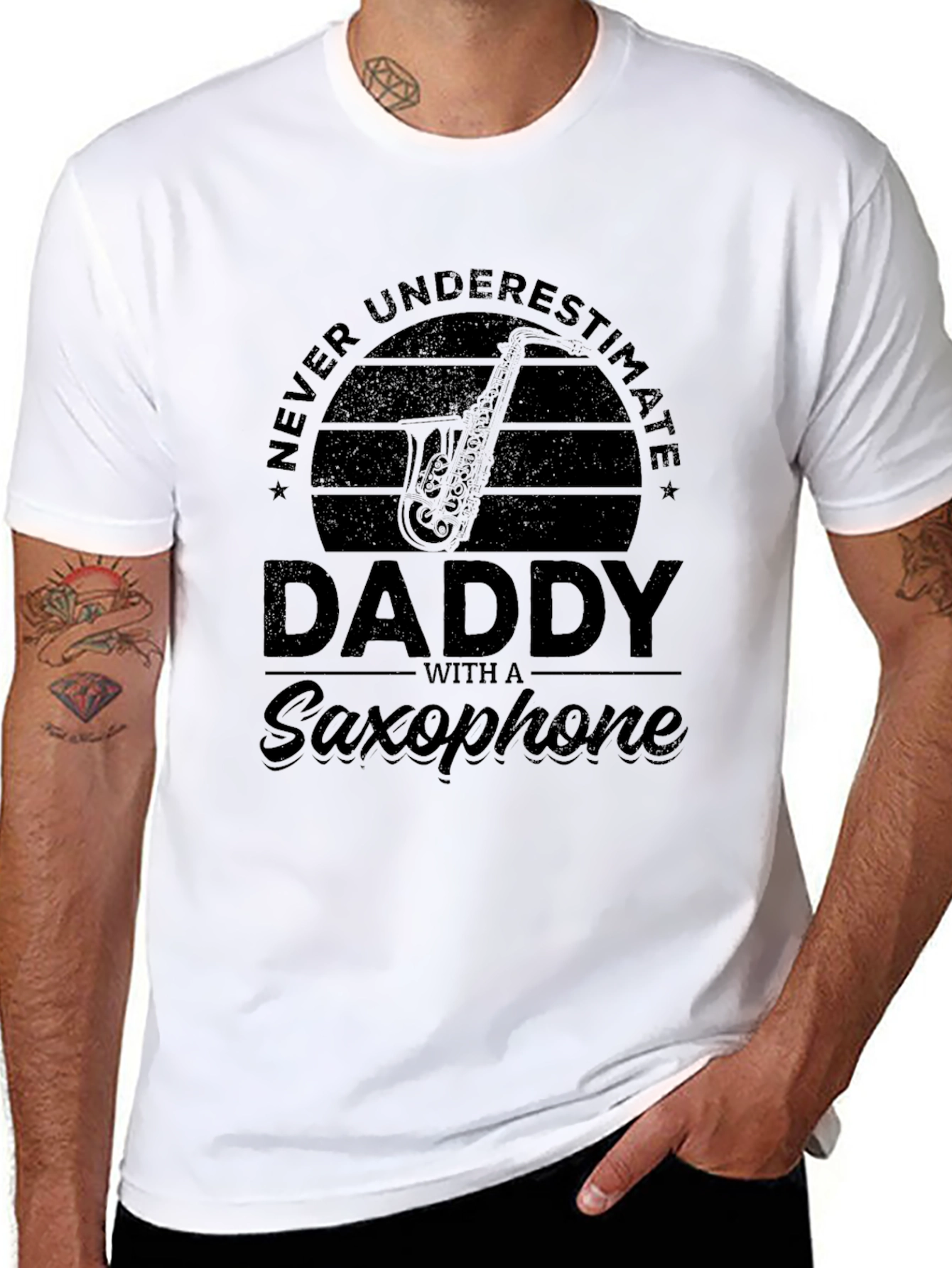 Black Never Underestimate Daddy Saxophone Black T-Shirt view 8