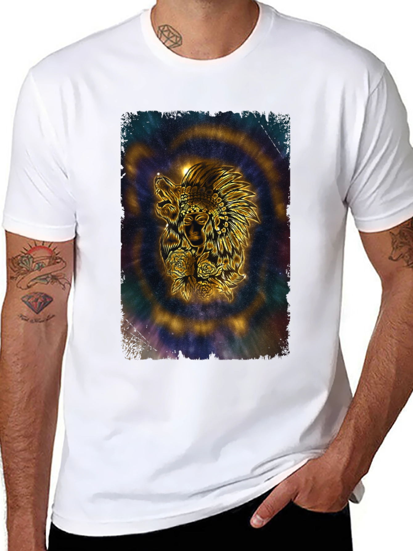 Black Native American Wolf Graphic T-Shirt - Black view 8