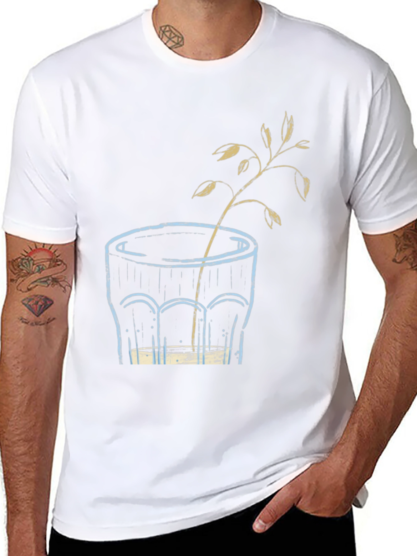 Black Unique Graphic T-Shirt: Glass with Plant Art view 8