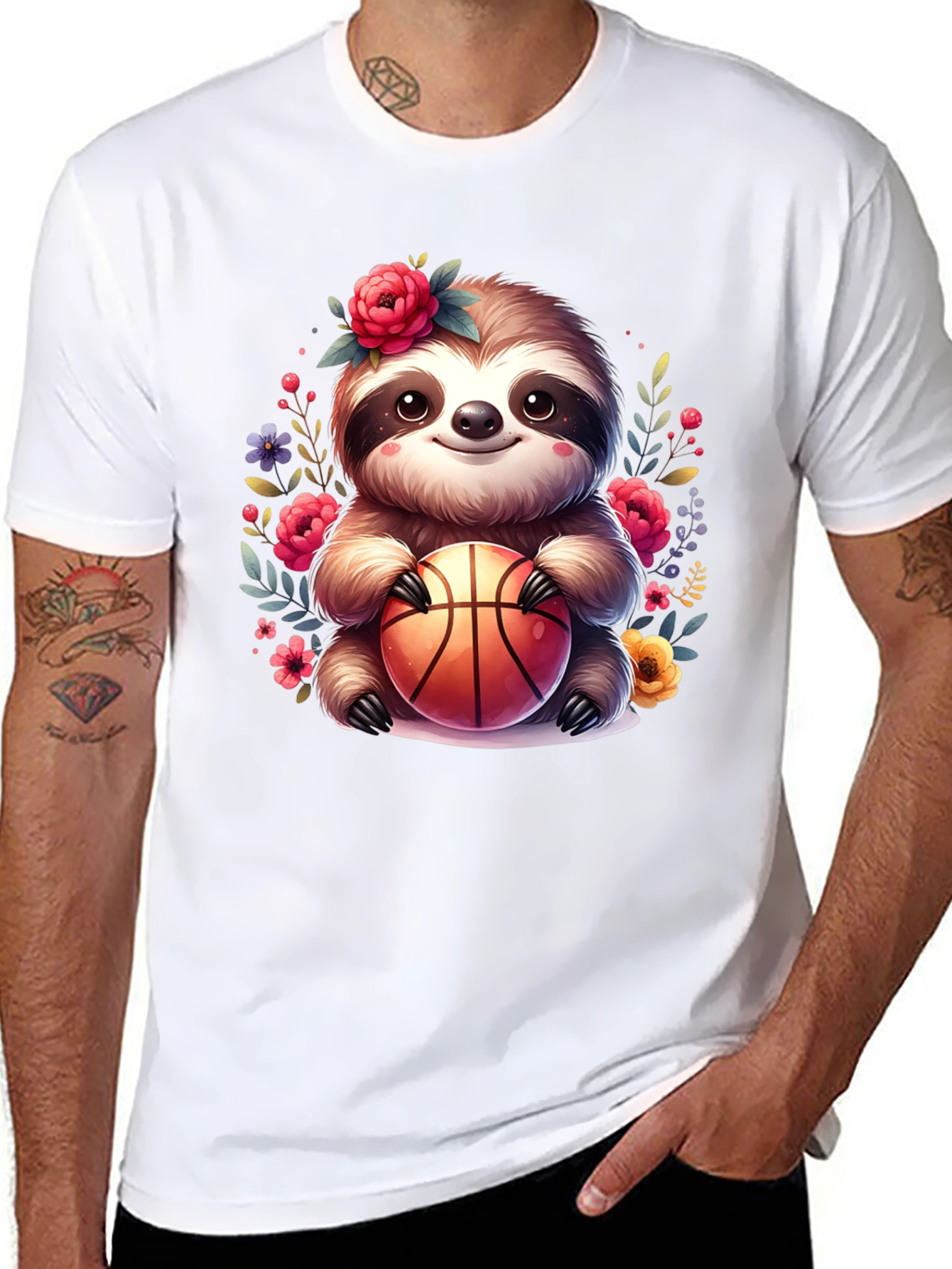 Black Sloth Basketball T-Shirt - Floral Cute Design view 8