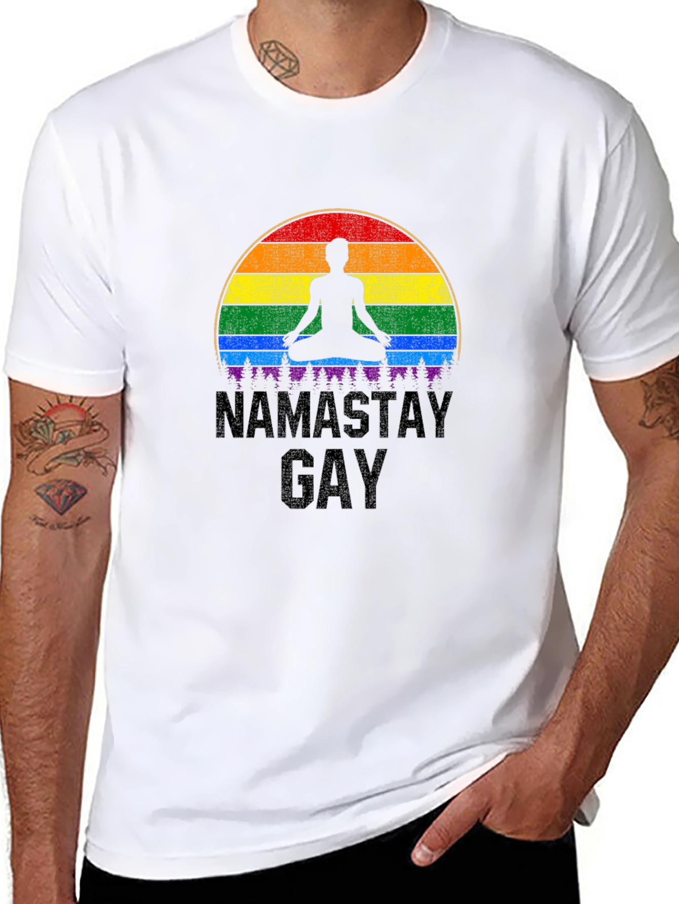 Black Namastay Gay T-Shirt: Pride Rainbow Yoga Tee view 8
