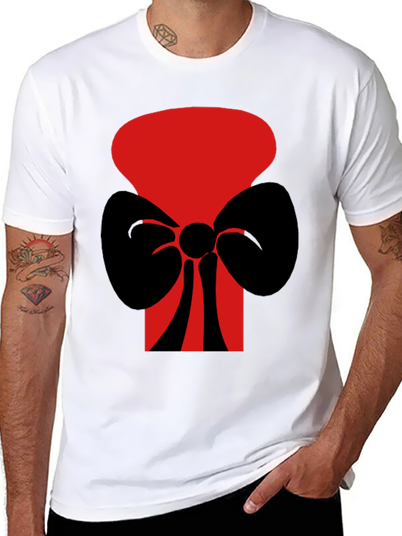 Black Bold Graphic Tee: Red Top Hat with Black Bow Tie view 8