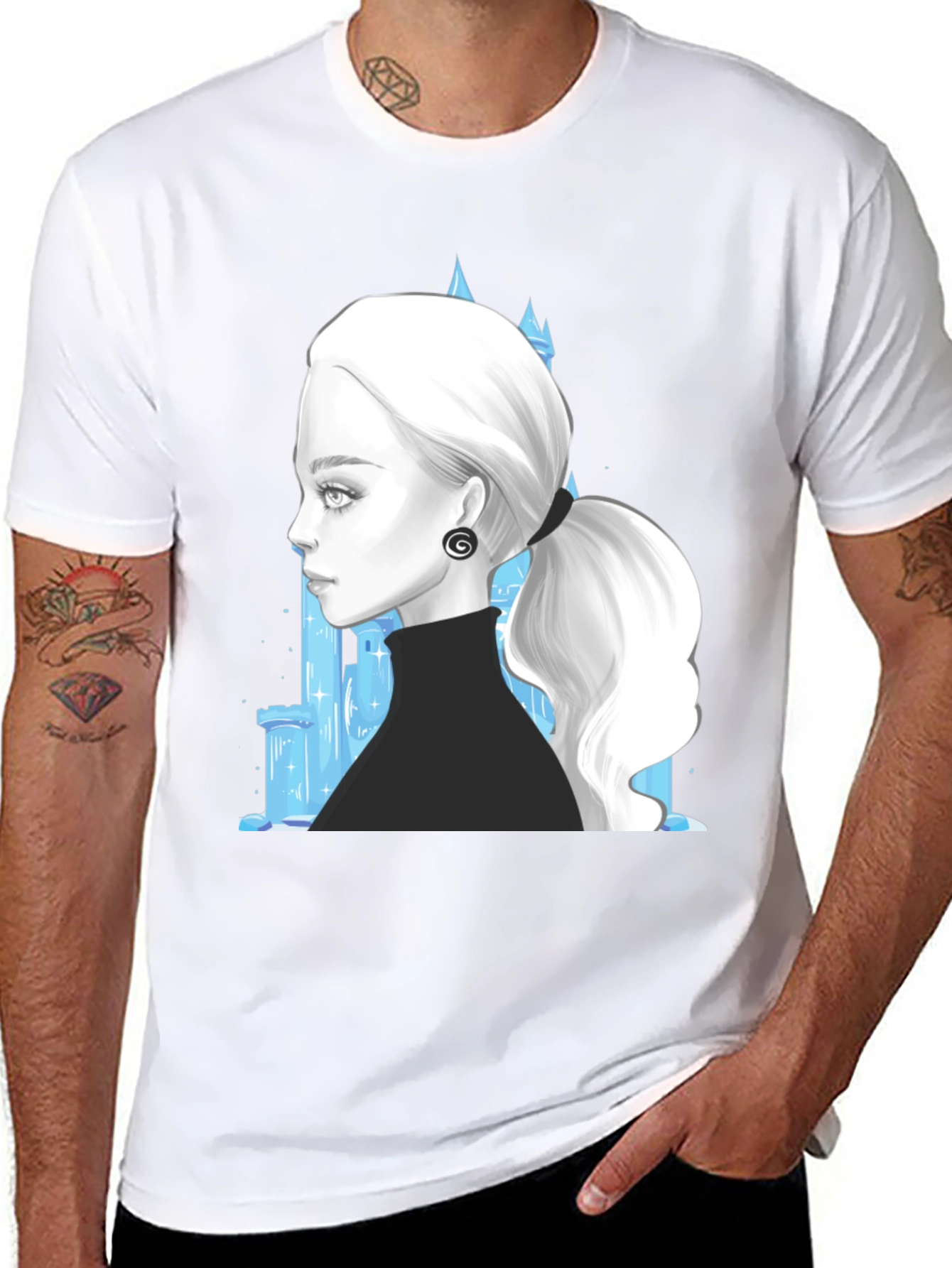 Black Elegant Woman & Ice Castle Graphic Black T-Shirt view 8