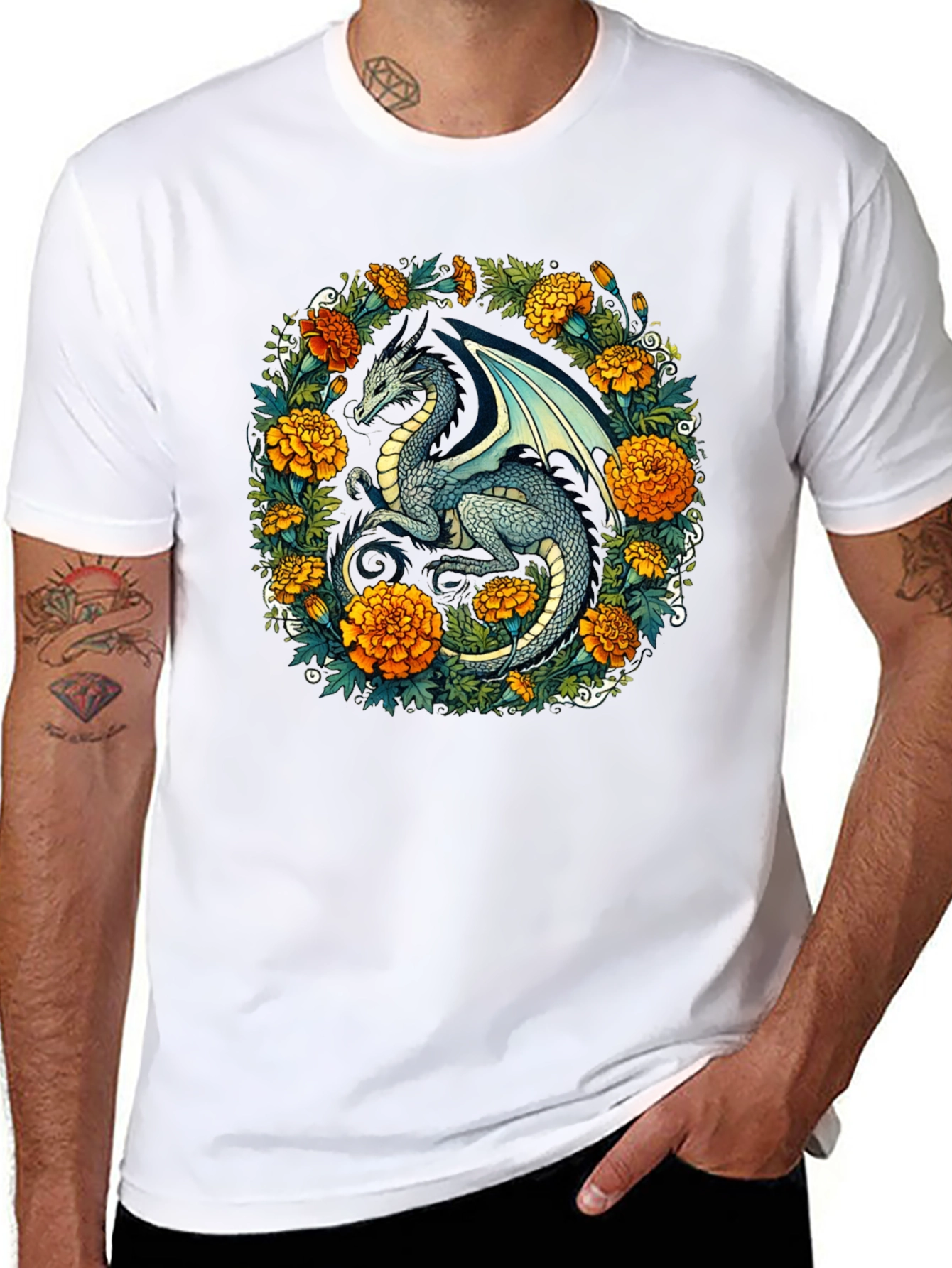 Black Dragon Floral T-Shirt - Fantasy Creature Graphic Tee view 8