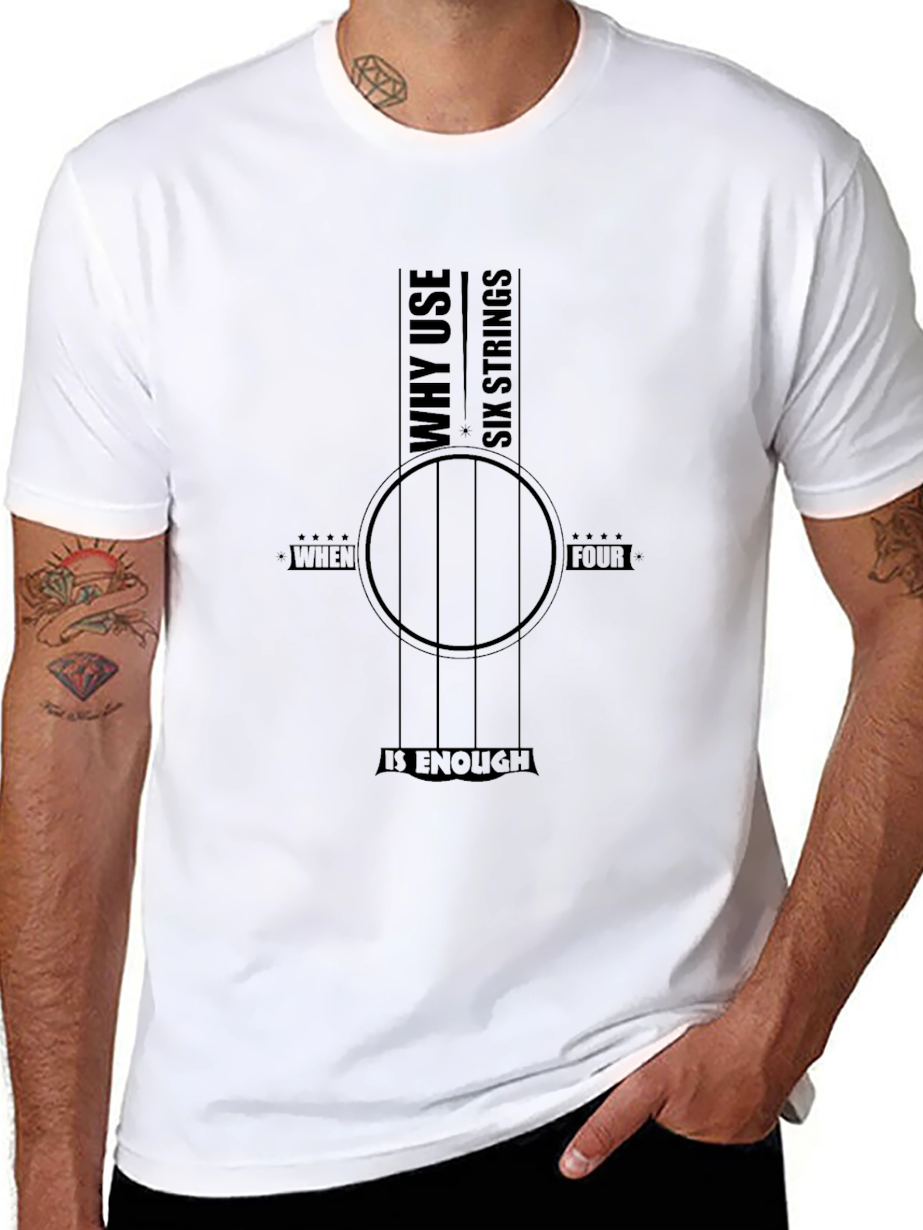Black Why Use Six Strings T-Shirt - Funny Guitar Bass Tee view 8