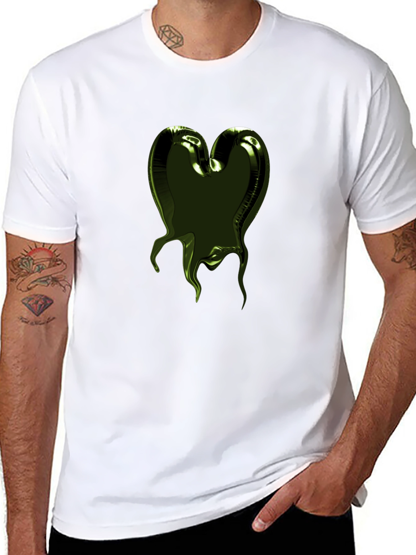 Black Olive Green Heart Balloon Graphic Tee - Men's view 8