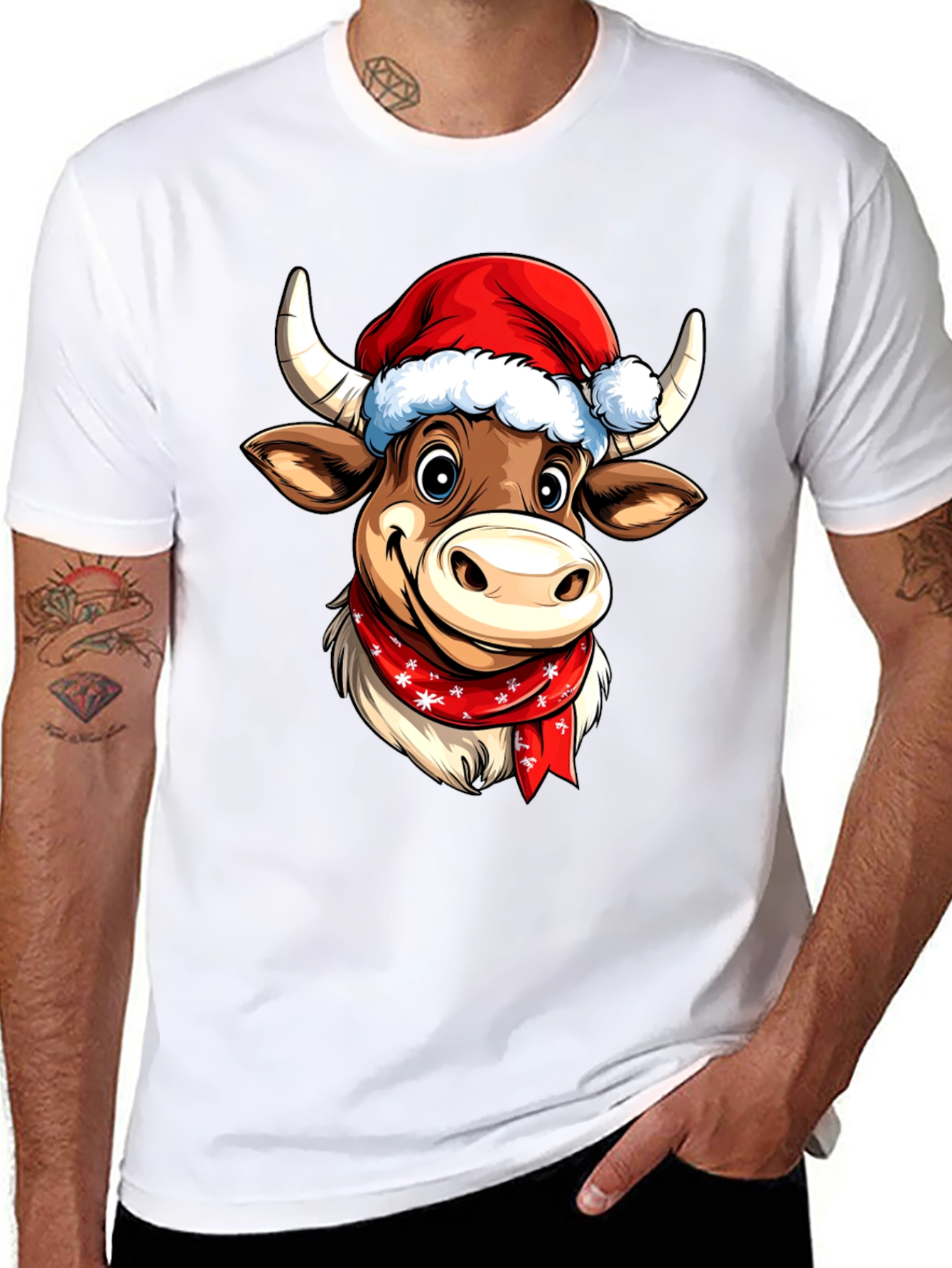 Black Festive Cartoon Cow T-Shirt view 8