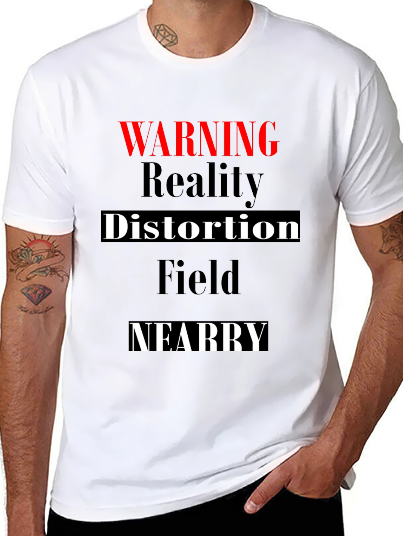 Black Warning Reality Distortion Field Mens T-Shirt view 8