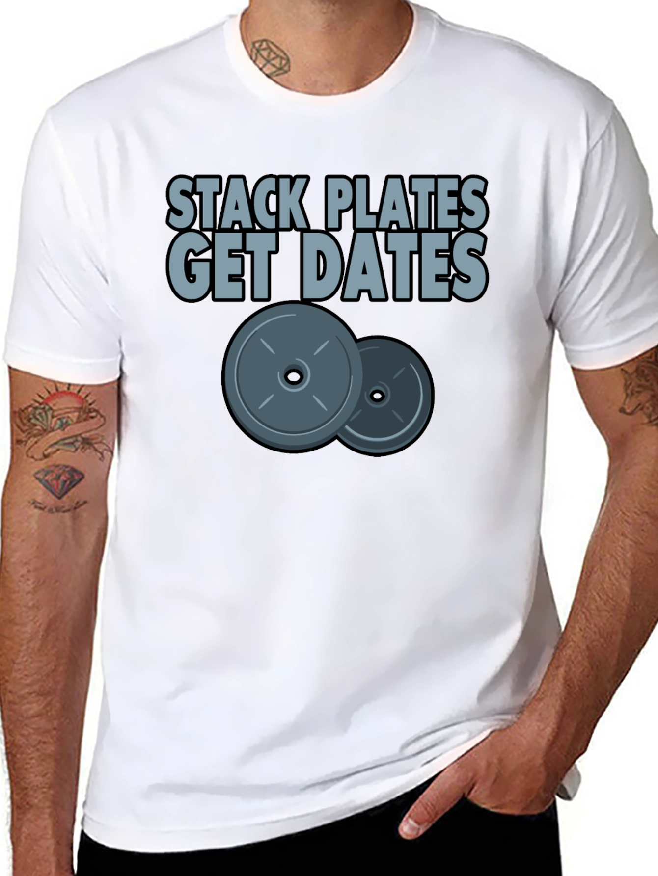 Black Stack Plates Get Dates Black Graphic T-Shirt Gym Workout view 8