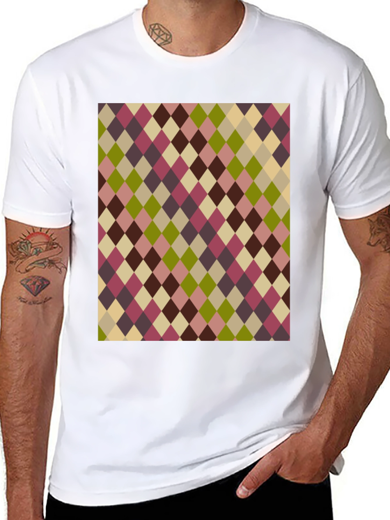Black Retro Argyle Pattern Black T-Shirt view 8