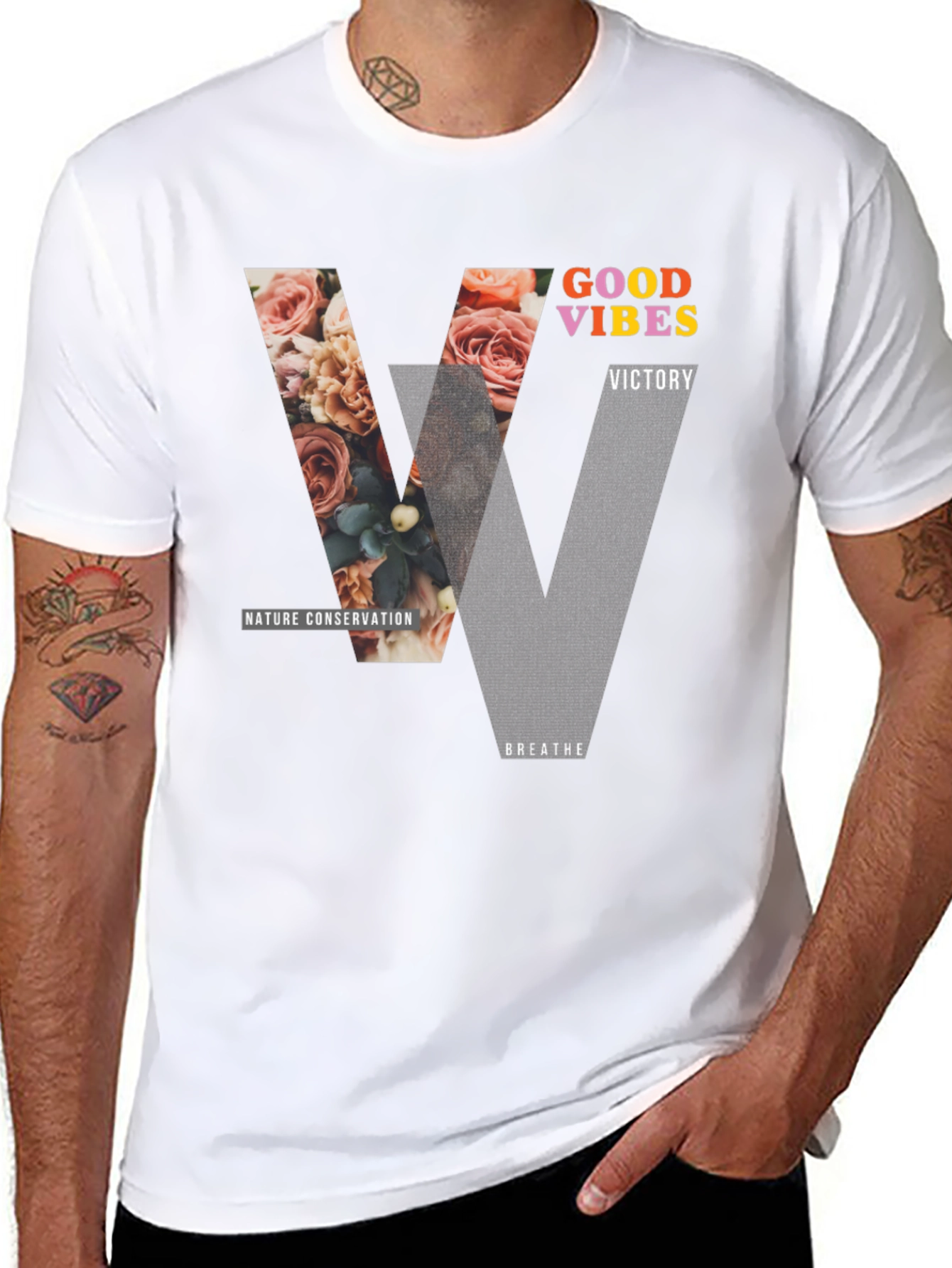 Black Good Vibes Graphic Tee - Nature Conservation Design view 8