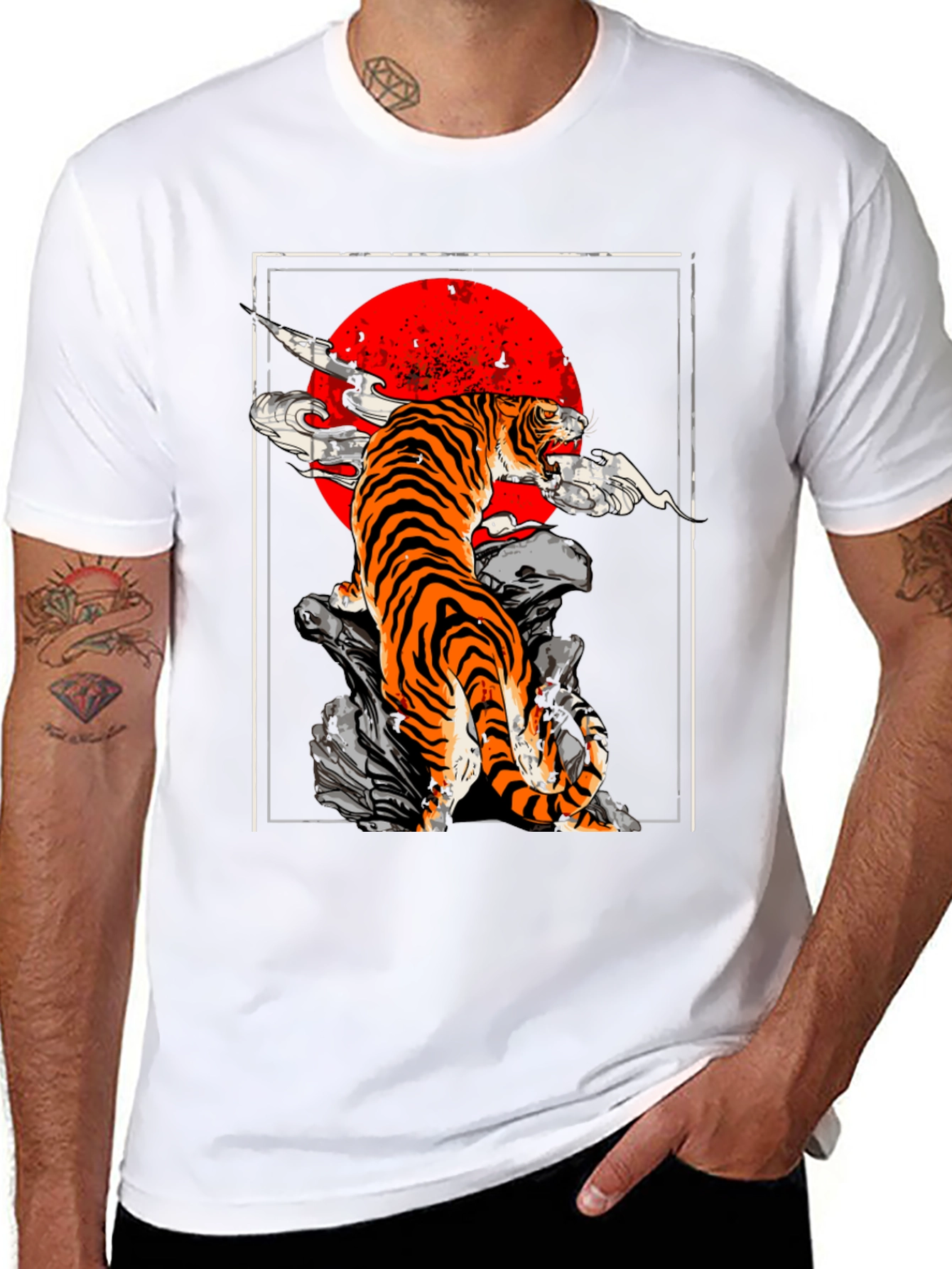 Black Tiger Red Sun Graphic Tee - Black Cotton T-Shirt view 8