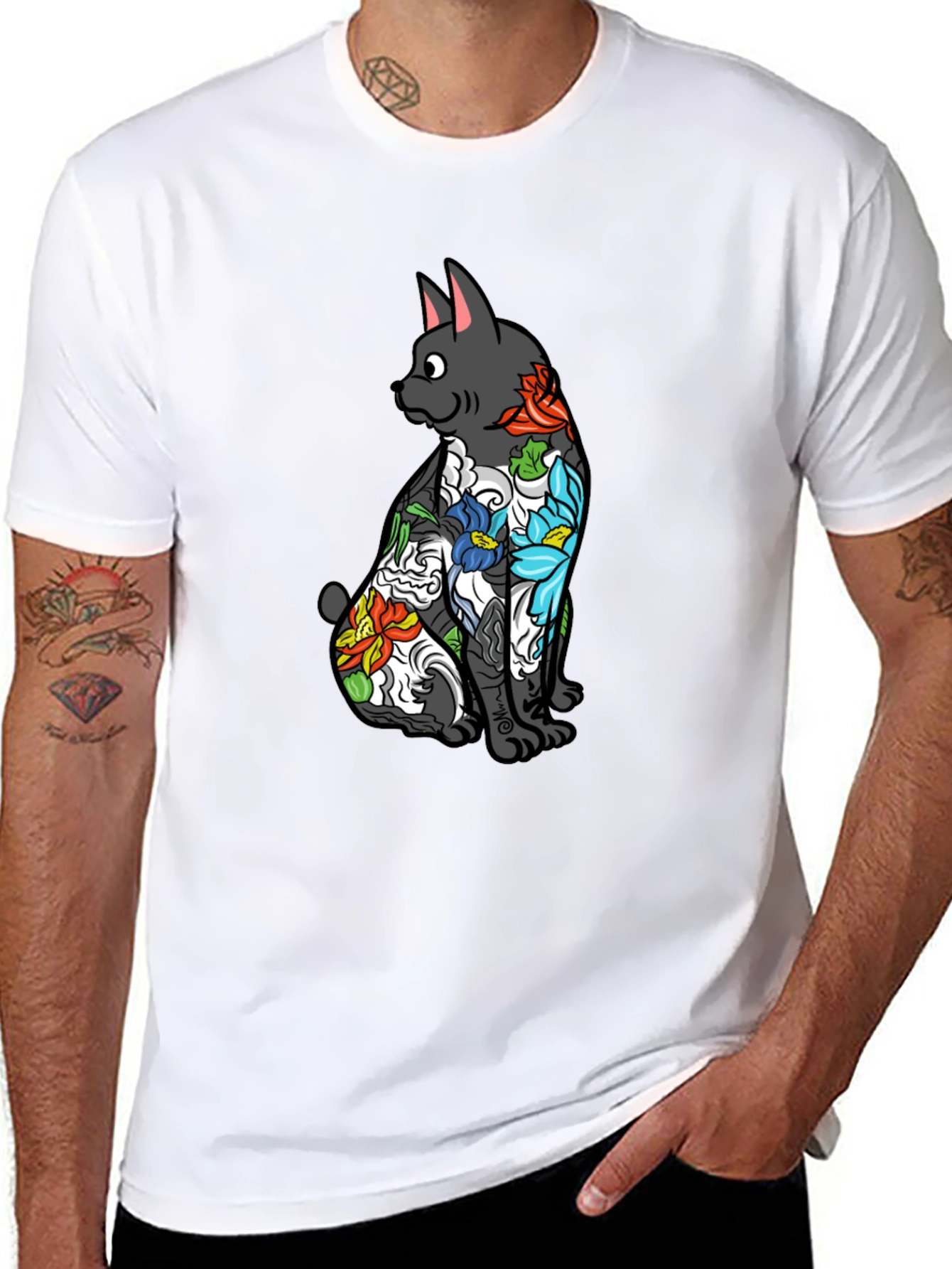 Black Floral Tattoo Cat Graphic Tee - Black Unisex Shirt view 8