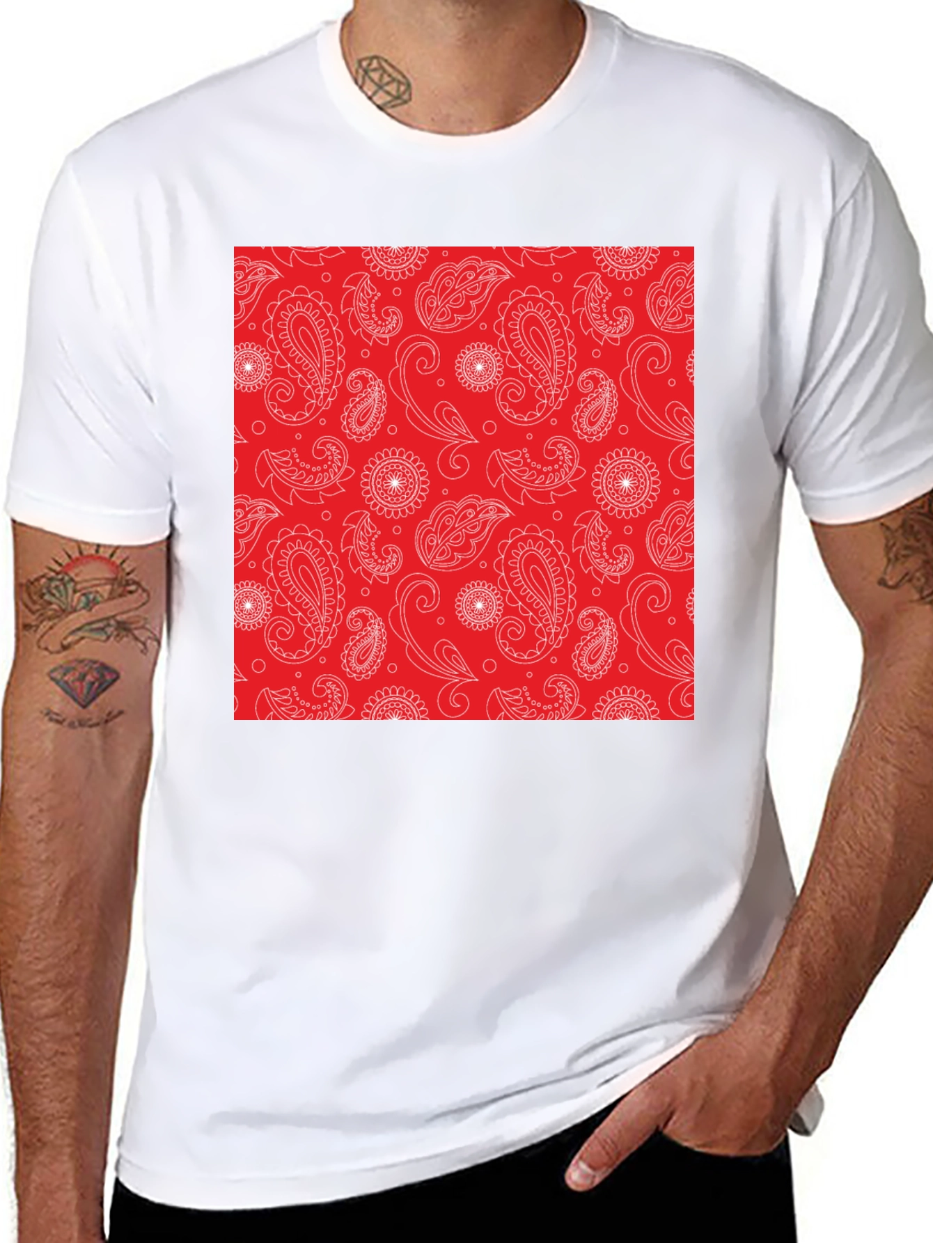 Black Red Paisley Patterned T-Shirt - Classic Style view 8