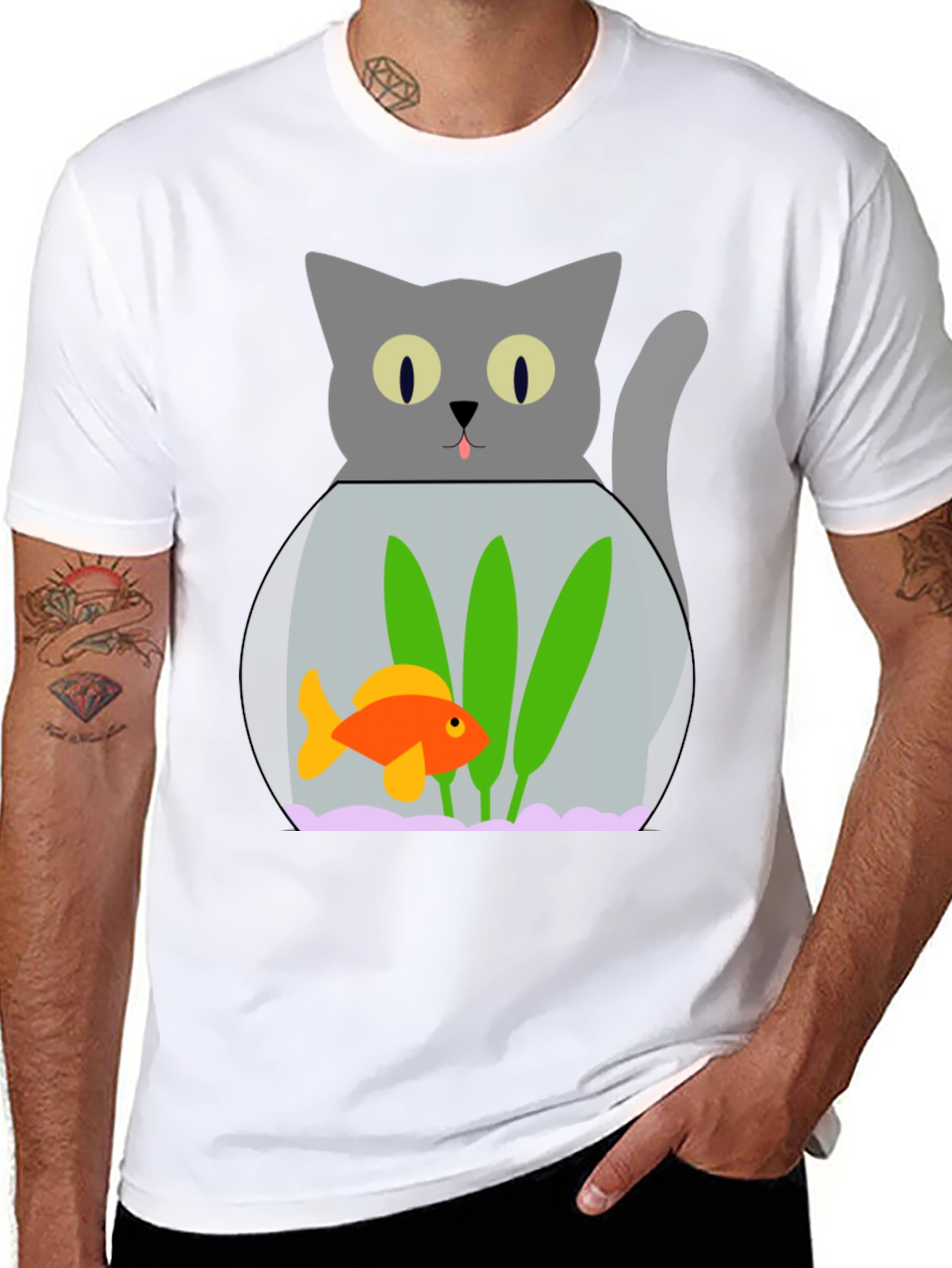 Black Cat & Goldfish Bowl Graphic T-Shirt - Novelty Tee view 8