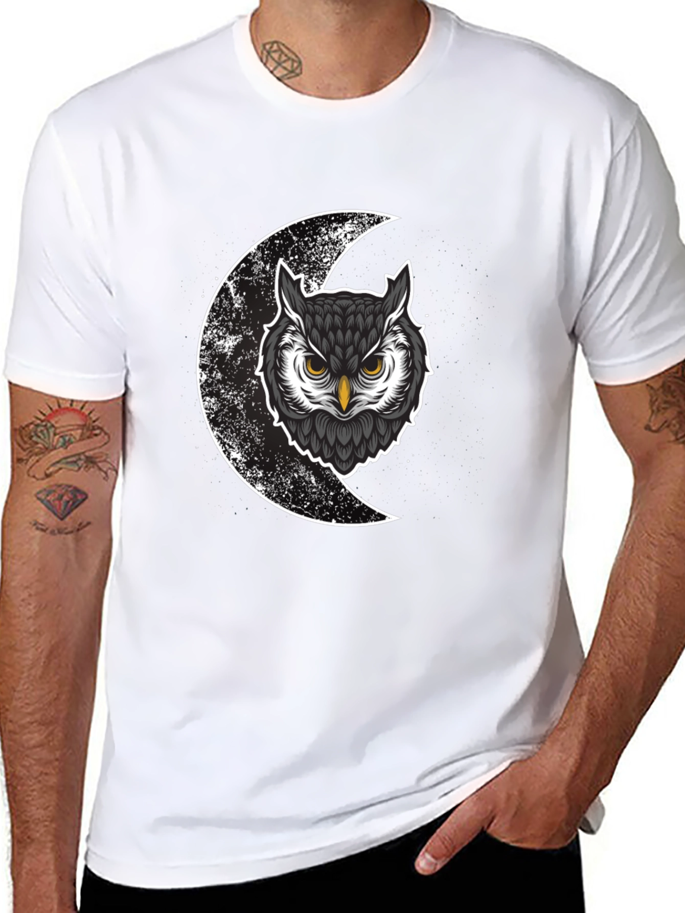 Black Owl & Moon Graphic Tee - Men's Black Cotton T-Shirt view 8