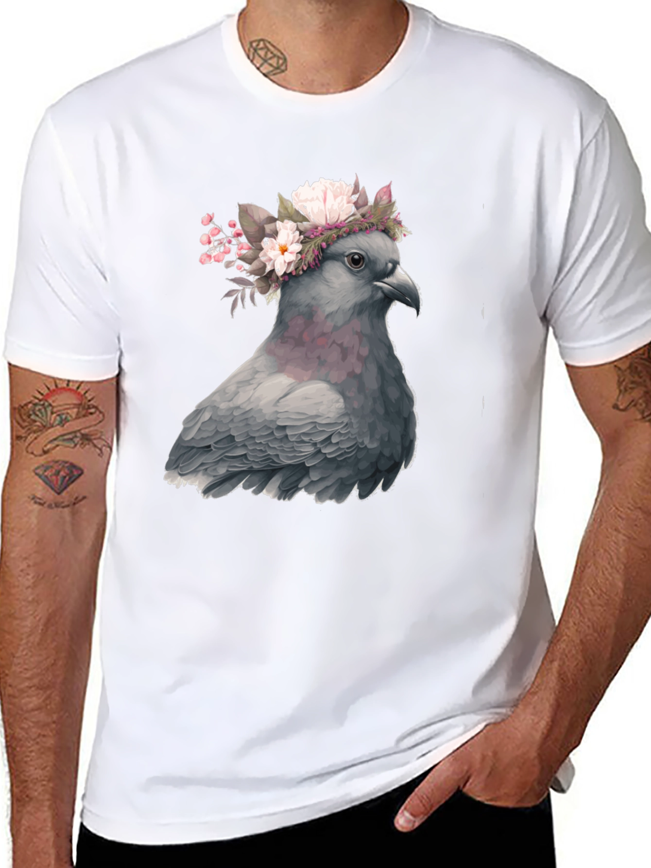Black Pigeon Floral Crown Graphic Tee - Unique Bird Lover's Shirt view 8