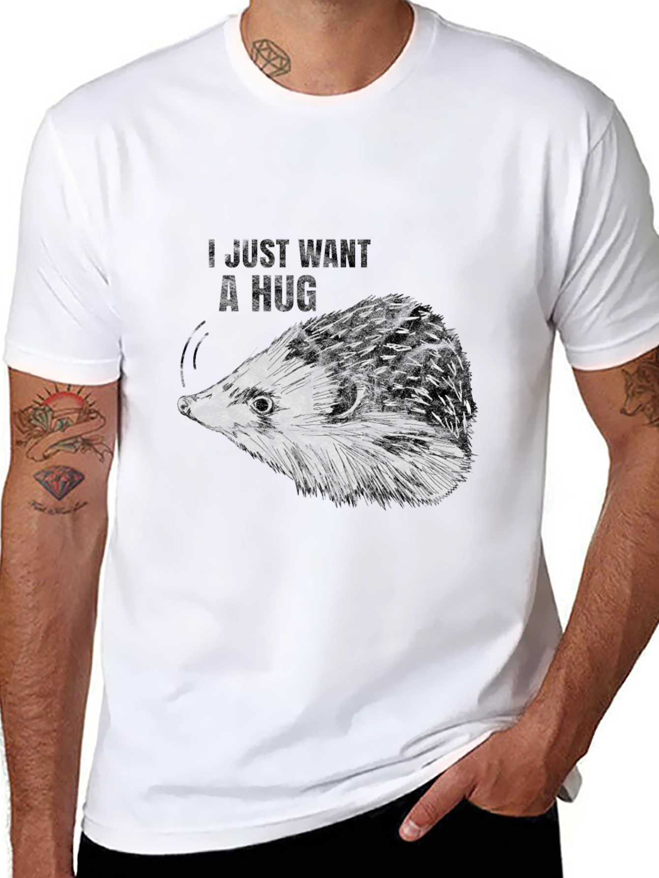 Black I Just Want A Hug Hedgehog Black T-Shirt view 8
