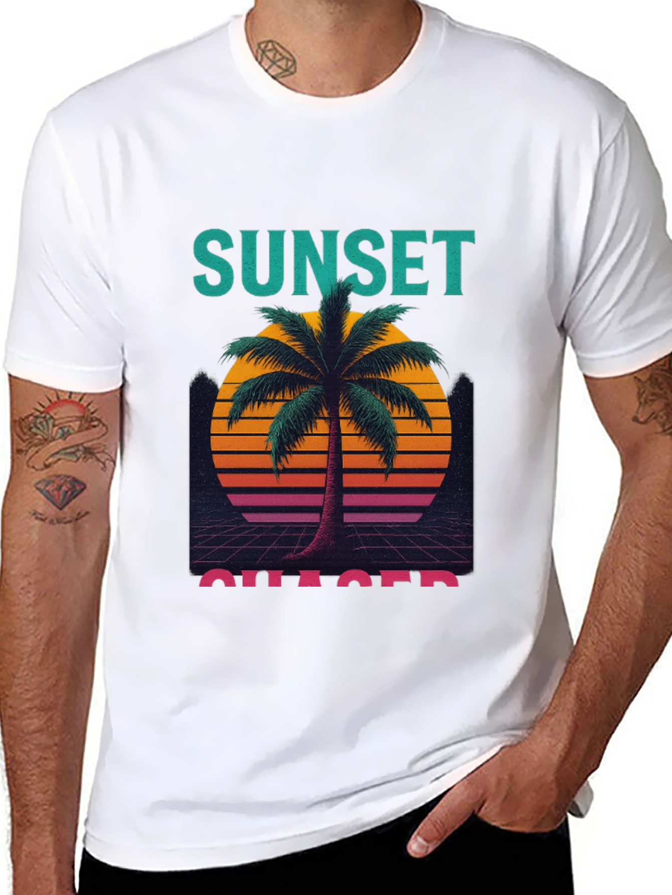 Black Sunset Chaser Graphic T-Shirt - Retro Palm Tree Design view 8